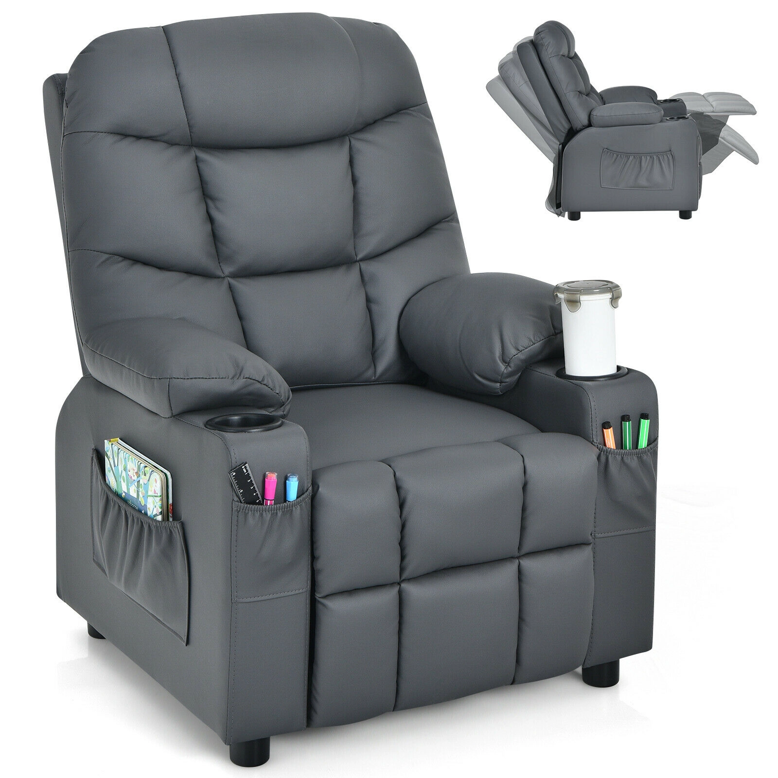 SUGIFT Kids PU Leather Cup Holders Side Pockets Push Back Recliner 26-in x 28-in x 34-in 120-lb Capacity Ages 3+ Gray