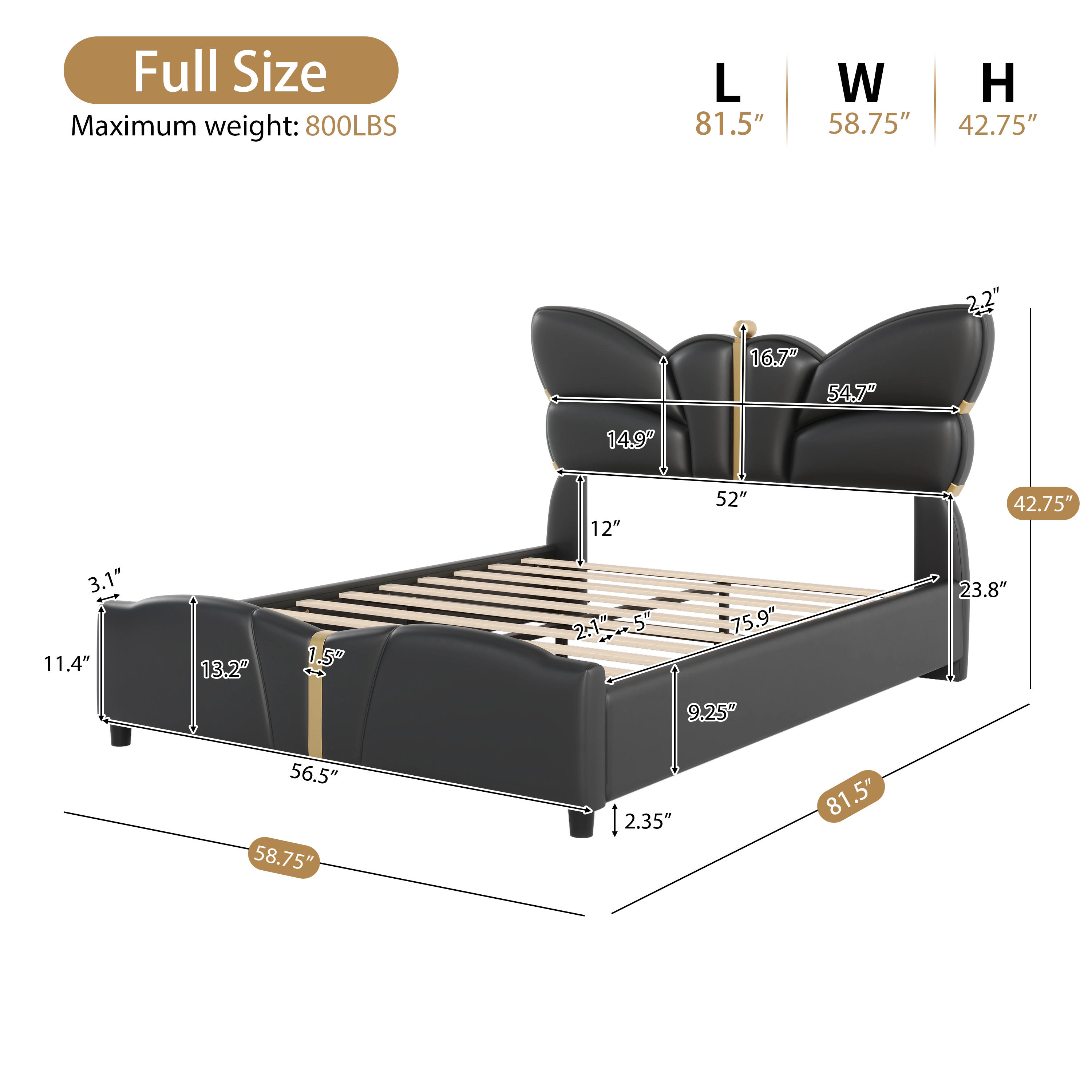 Flynama Full PU Leather Bed with Butterfly Headboard & Gold Decor, Black