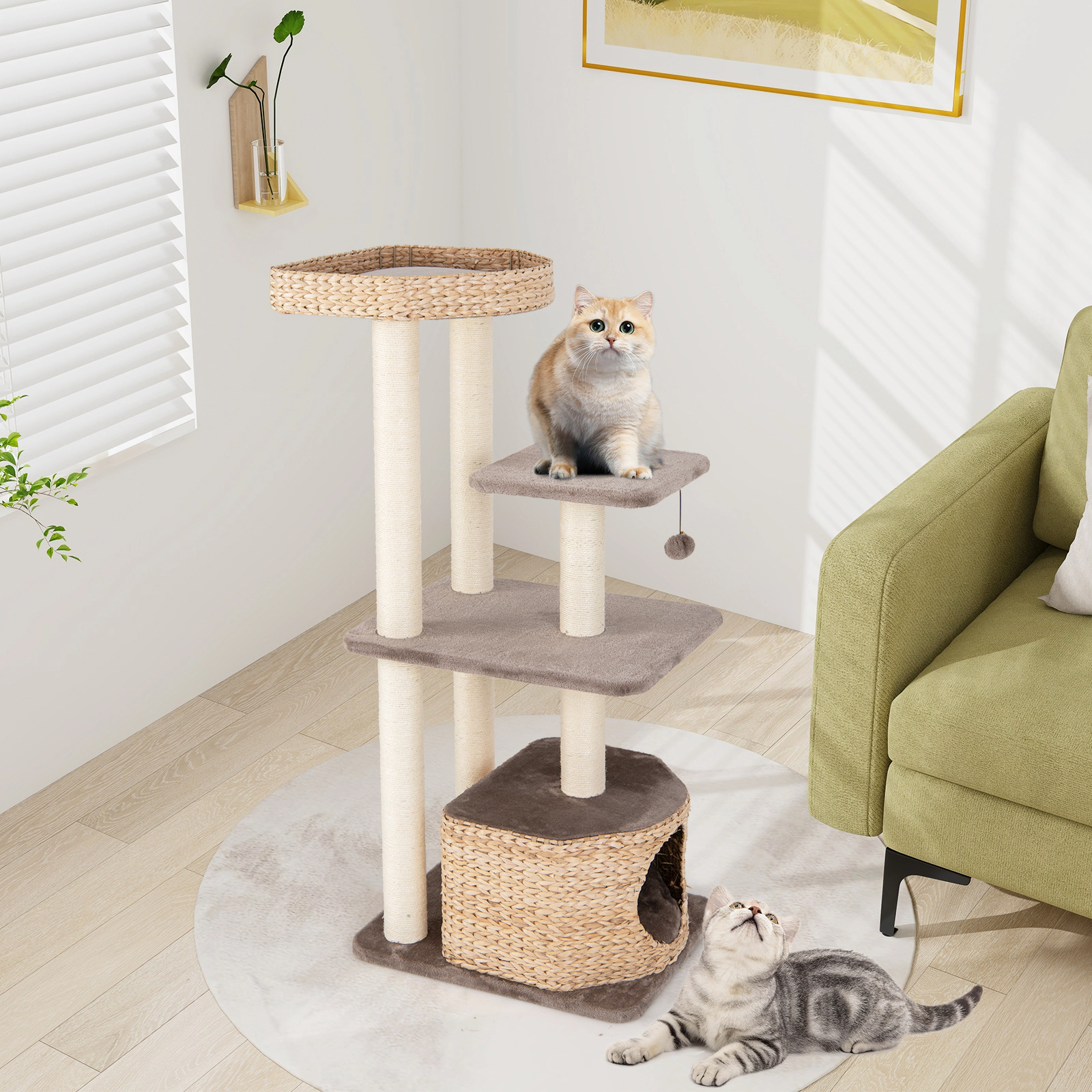 Glintex 52-Inch 4-Layer Cat Tower with Cattail Condo and Protective Perch Edges, Coffee