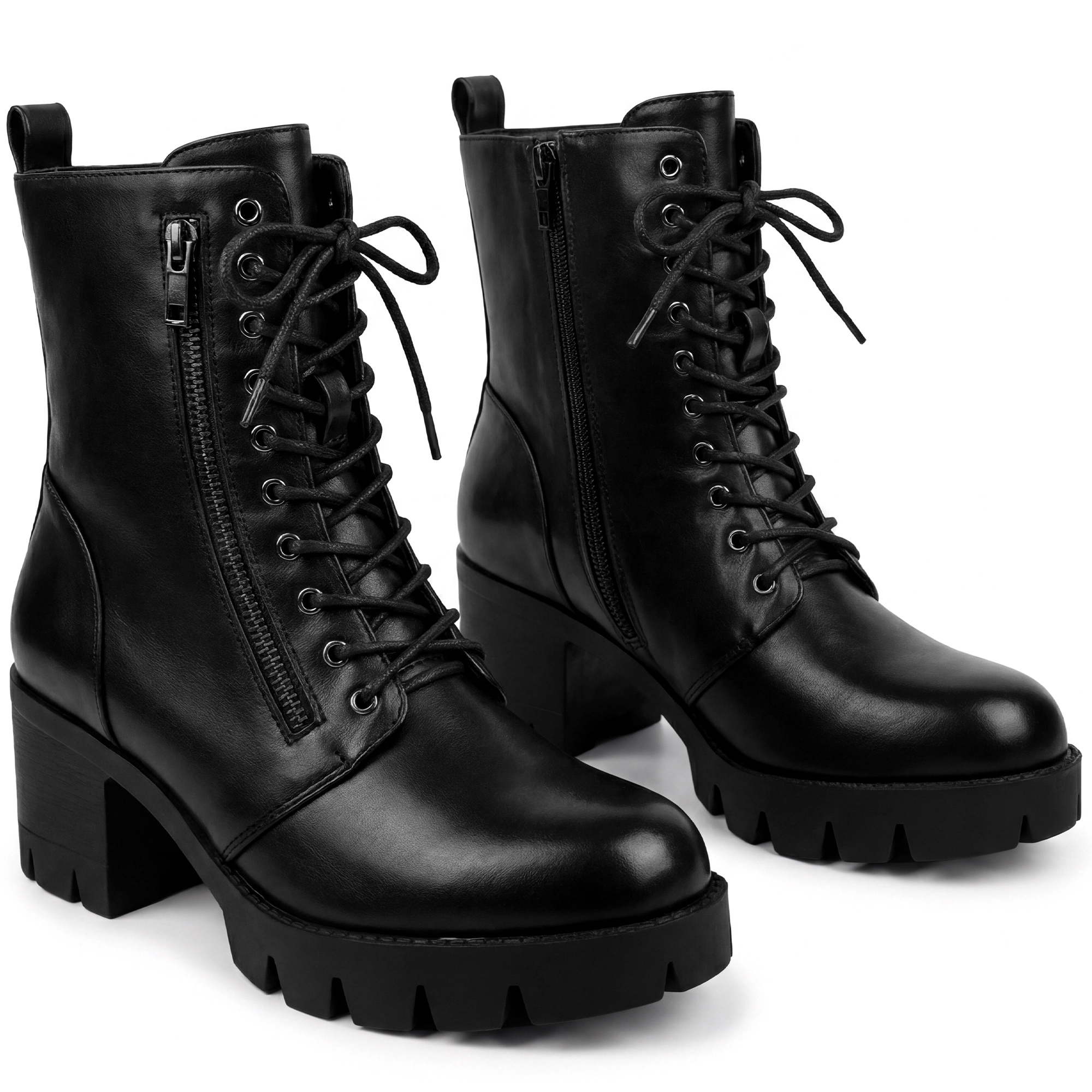 BLISSFUL STEP Chunky Heel Platform Combat Boots for Women