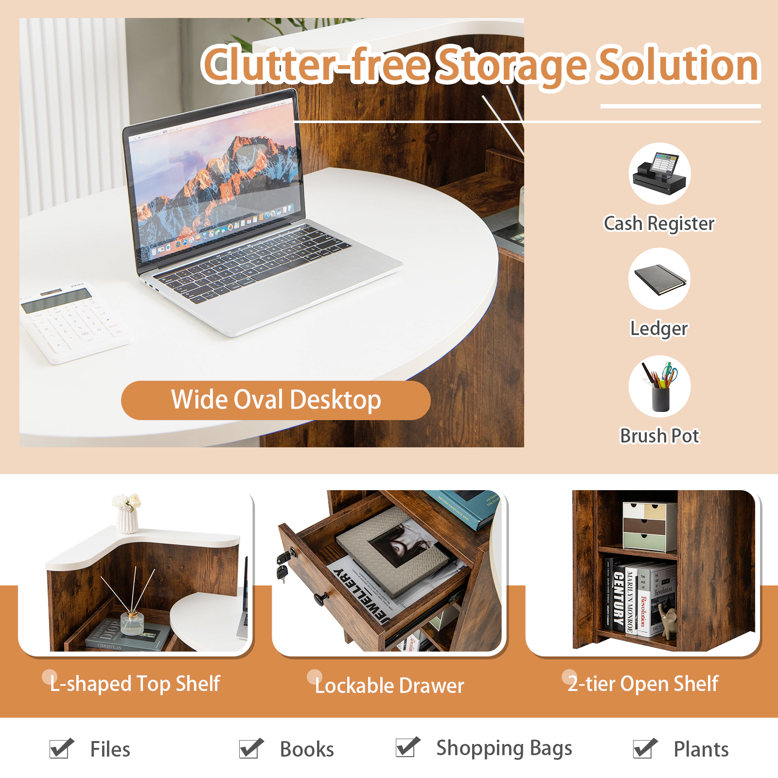 SUGIFT 110-lb Capacity 48-in Front Desk with Oval Counter Top Lockable Drawer and L-Shaped Corner Shelf