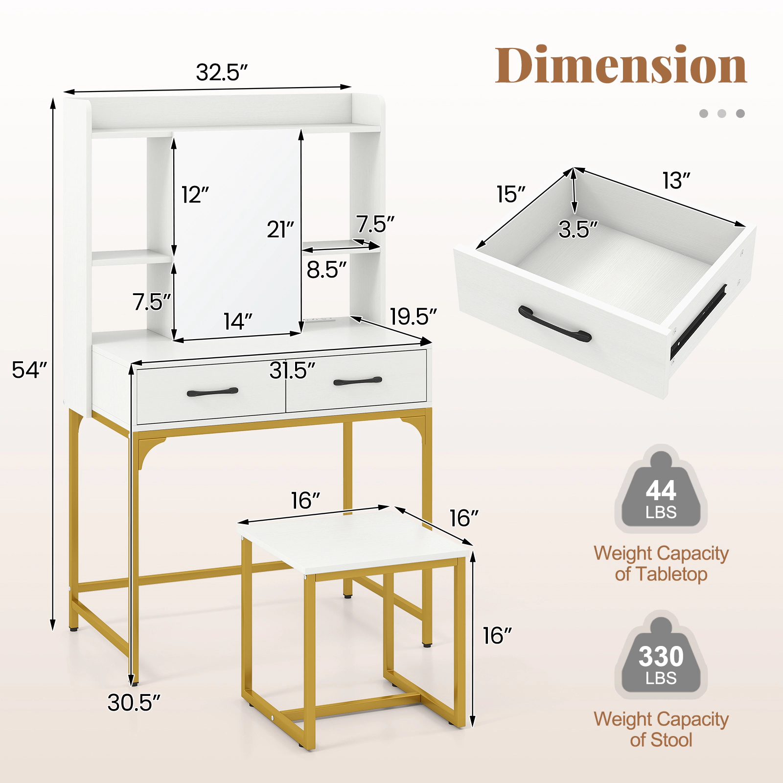 SUGIFT White Vanity Desk with Mirror, Storage Cabinet, Charging Station and Stool