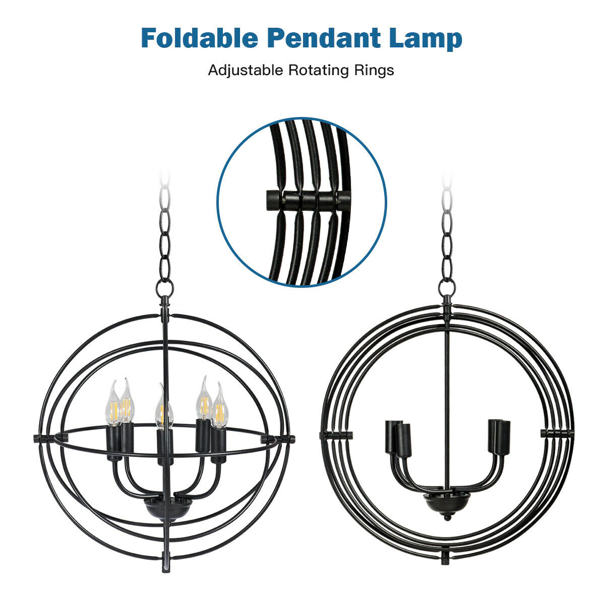 SUGIFT 5-Light Pivoting Interlocking Rings Iron Orb Chandelier 20-in x 20-in 55-in Drop E12 Sockets Black