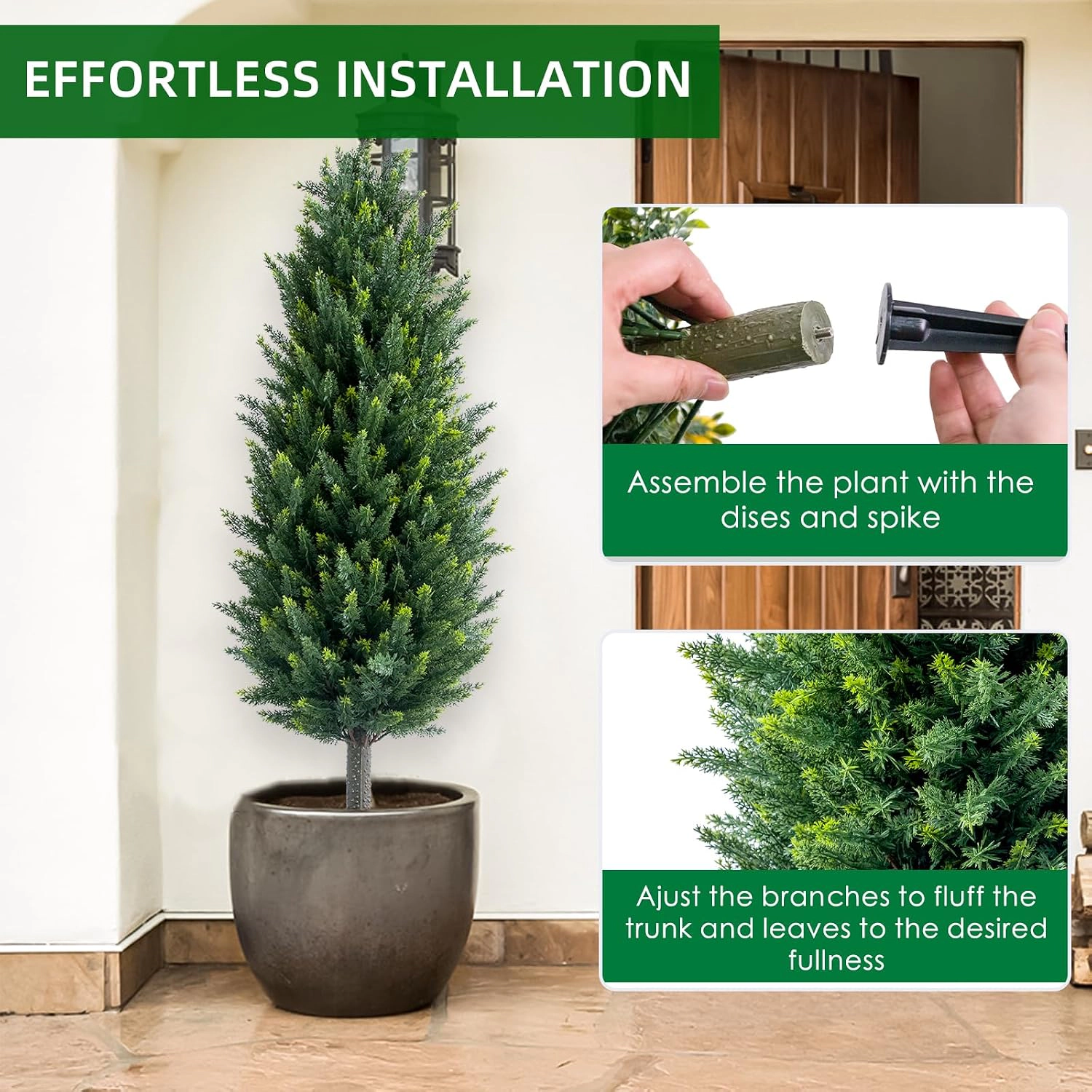 43.3" Dual Pack Lifelike Cedar Topiary Trees with Stakes, Faux Potted Evergreen Plants for Front Door, Balcony