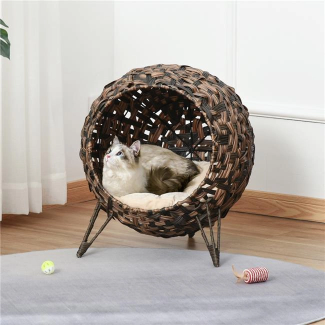 212 Main PawHut Weaved Cat Bed & Elevated Hand-Woven Braided Banana Leaf Kitten House Condo with Cushion