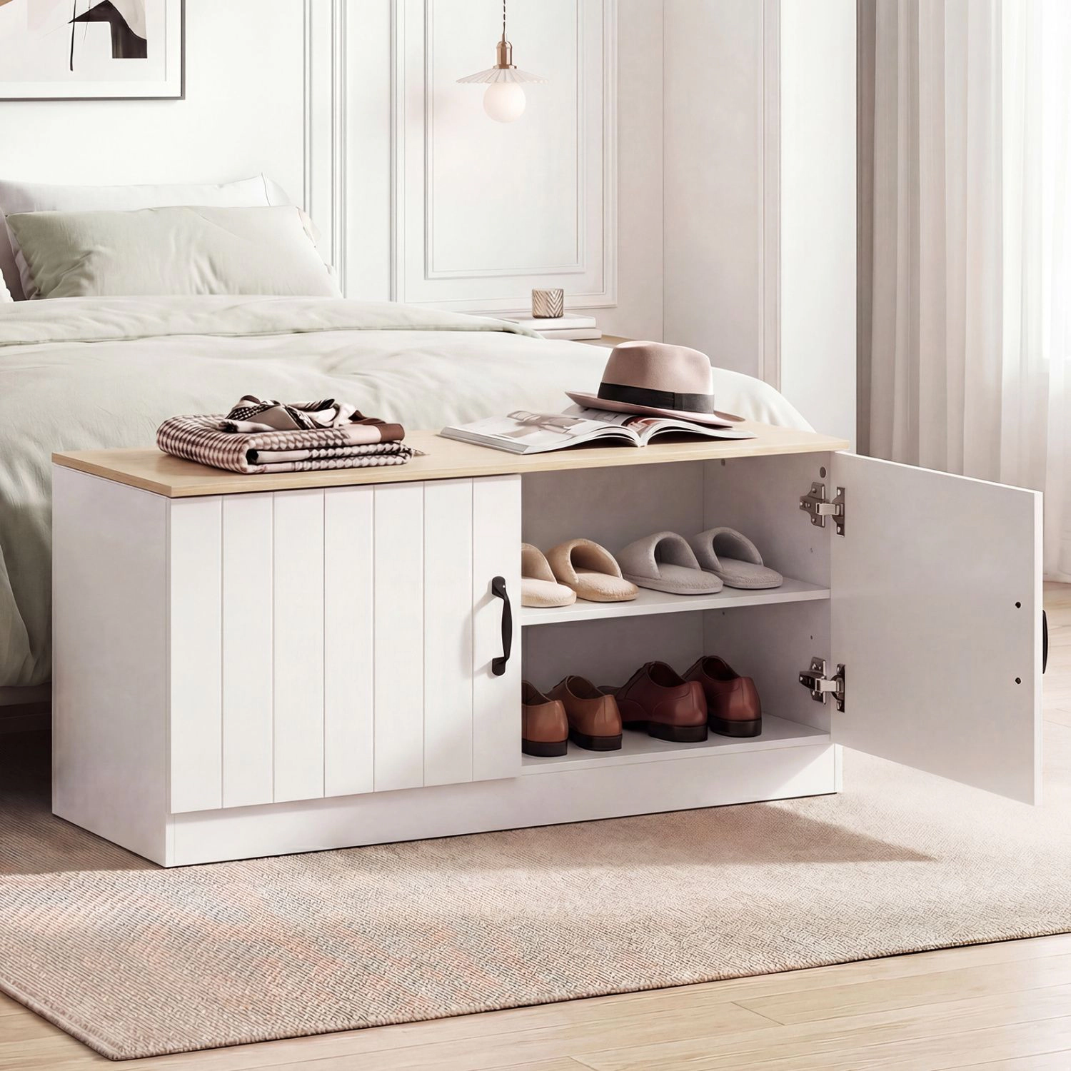 SlickBlue Entryway Shoe Storage Bench with 2 Doors and Shelves