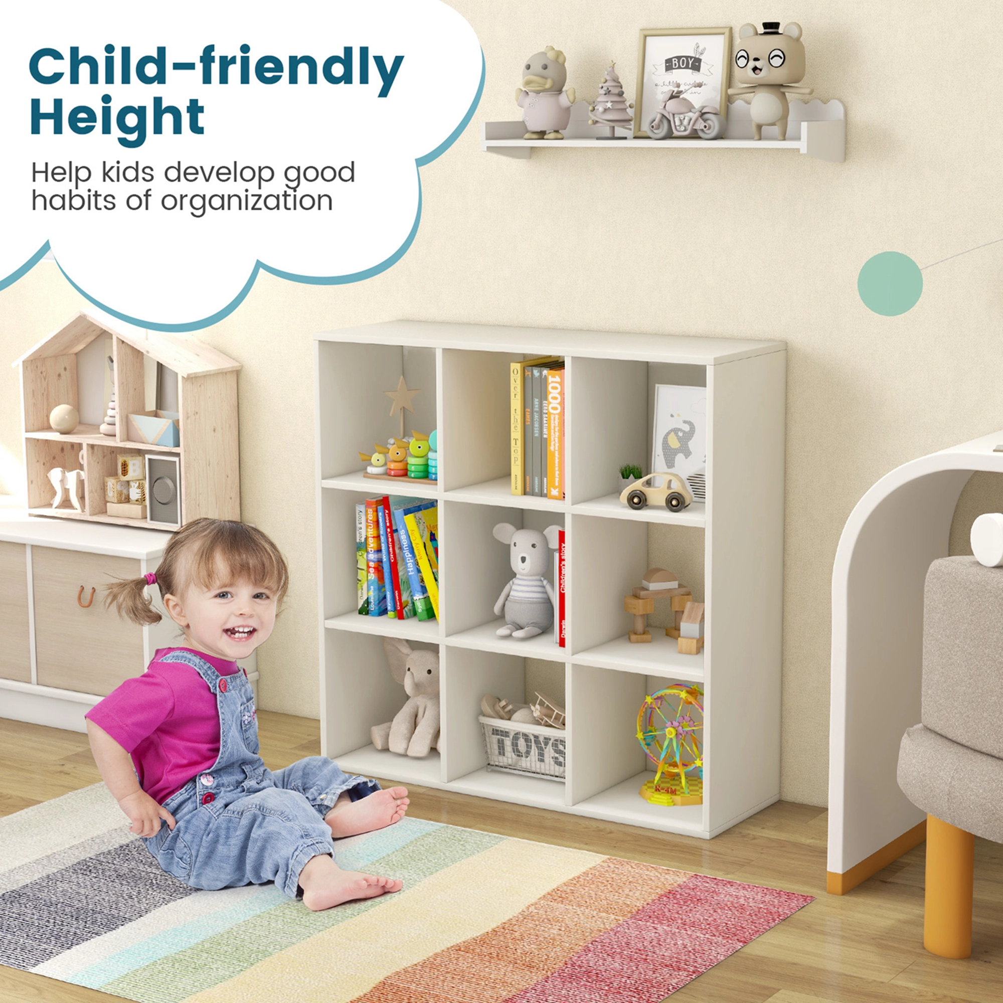 Costway 9-Cube Kids Toy Storage Organizer Wooden Children's Bookcase Display Bookshelf