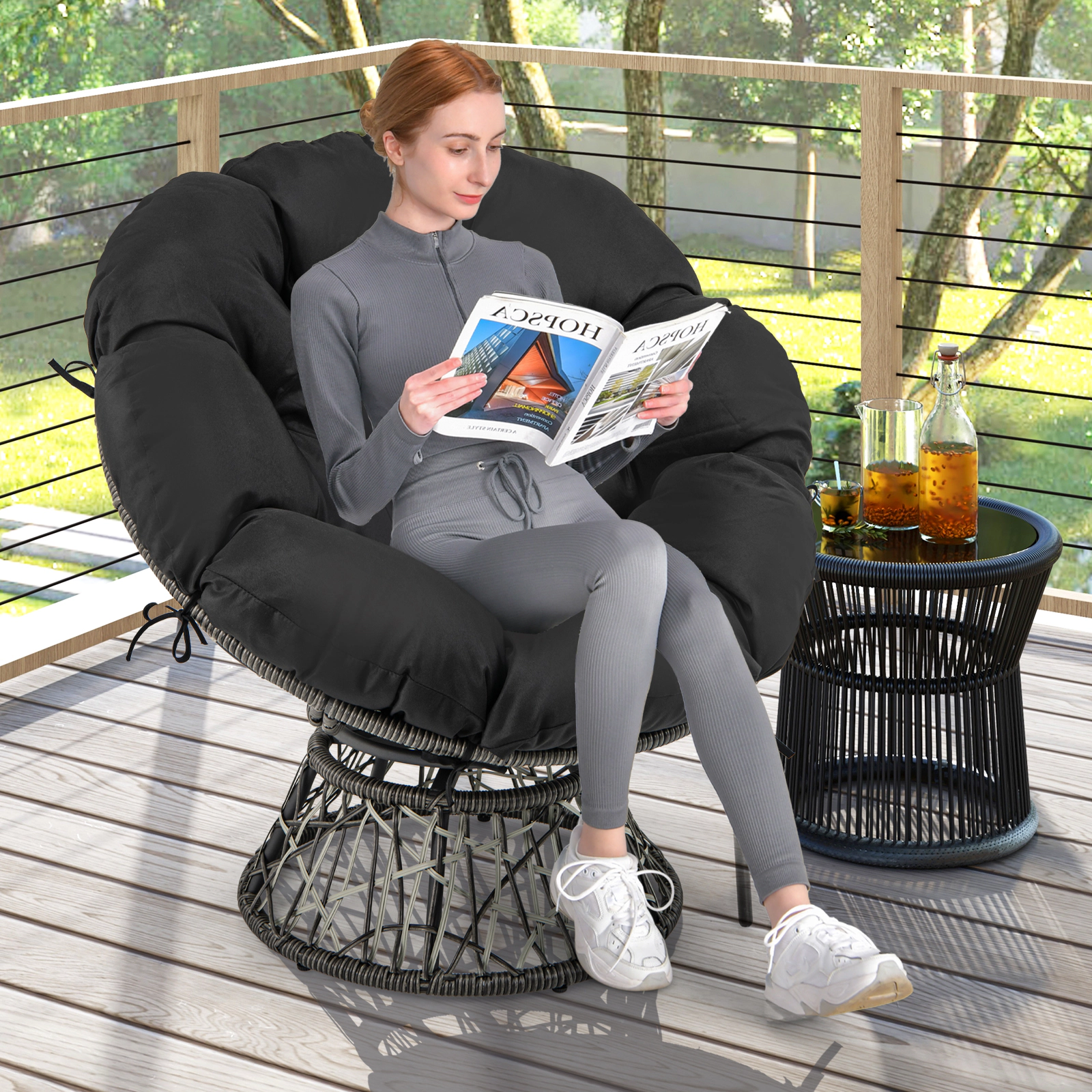 LJG PE Wicker Papasan Chair with Thick and Removable Cushion