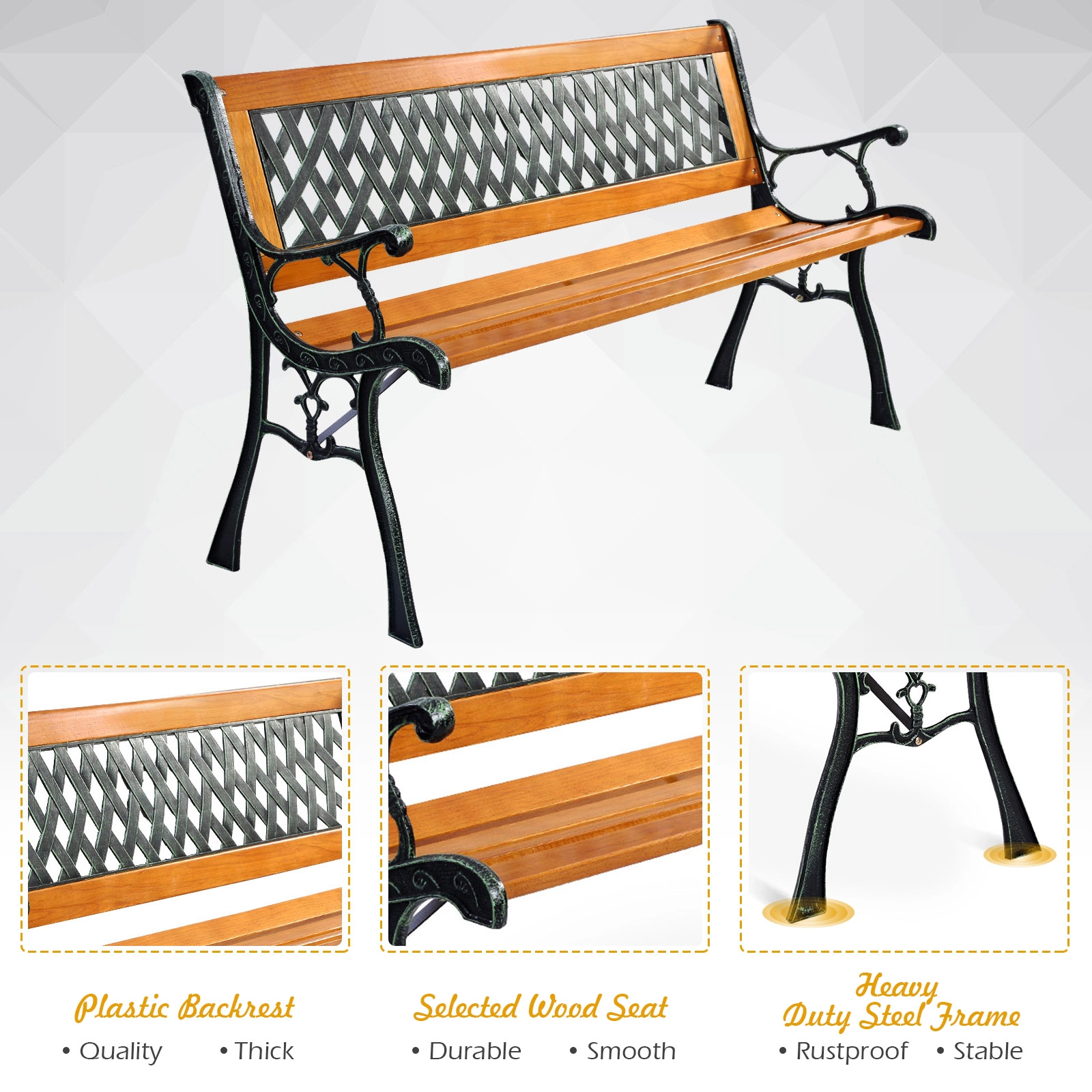 SUGIFT 3-Seat Lattice Back Natural Wood Slats Cast Iron Patio Bench 49.5-in x 20.5-in x 29-in 463-lb Capacity Black