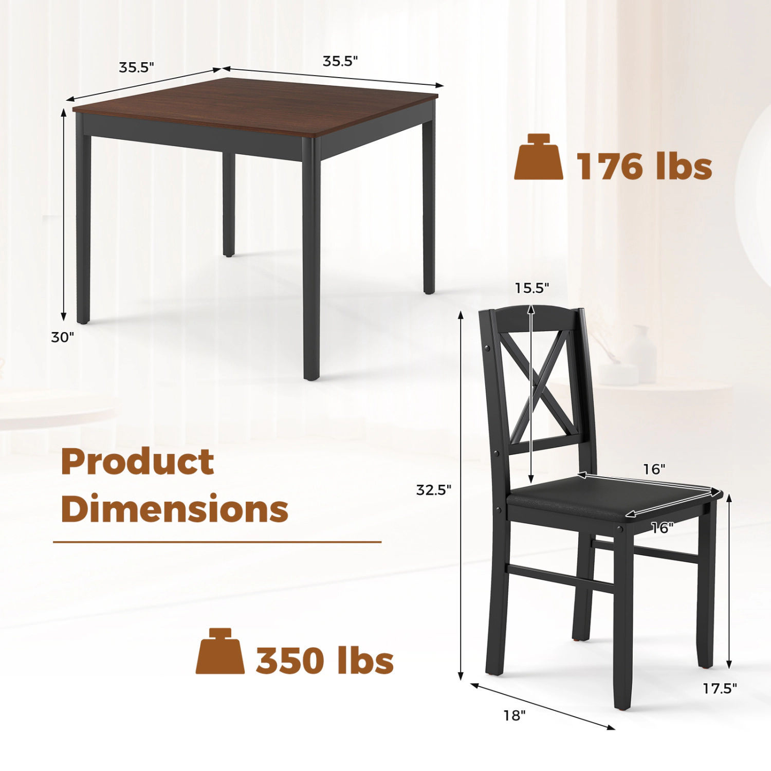 LJG 3-Piece Dining Table Set Wooden Square Kitchen for 2 People