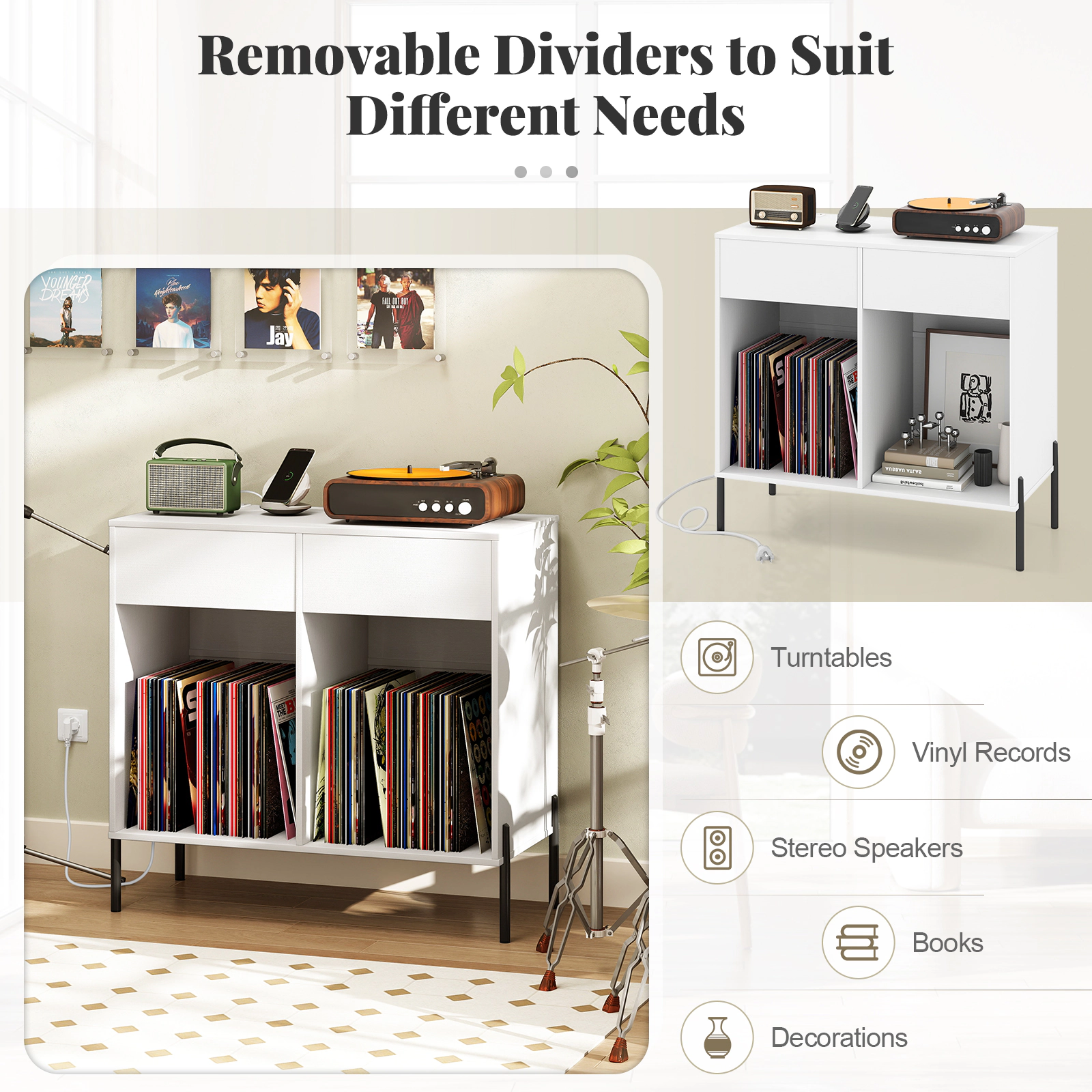 SUGIFT White Record Player Stand with Power Strip, USB Ports and Vinyl Storage