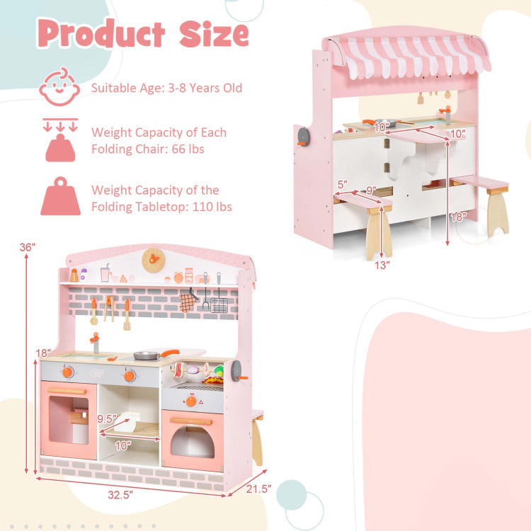 Hivvago Double-Sided Kids Play Kitchen Set with Canopy and 2 Seats