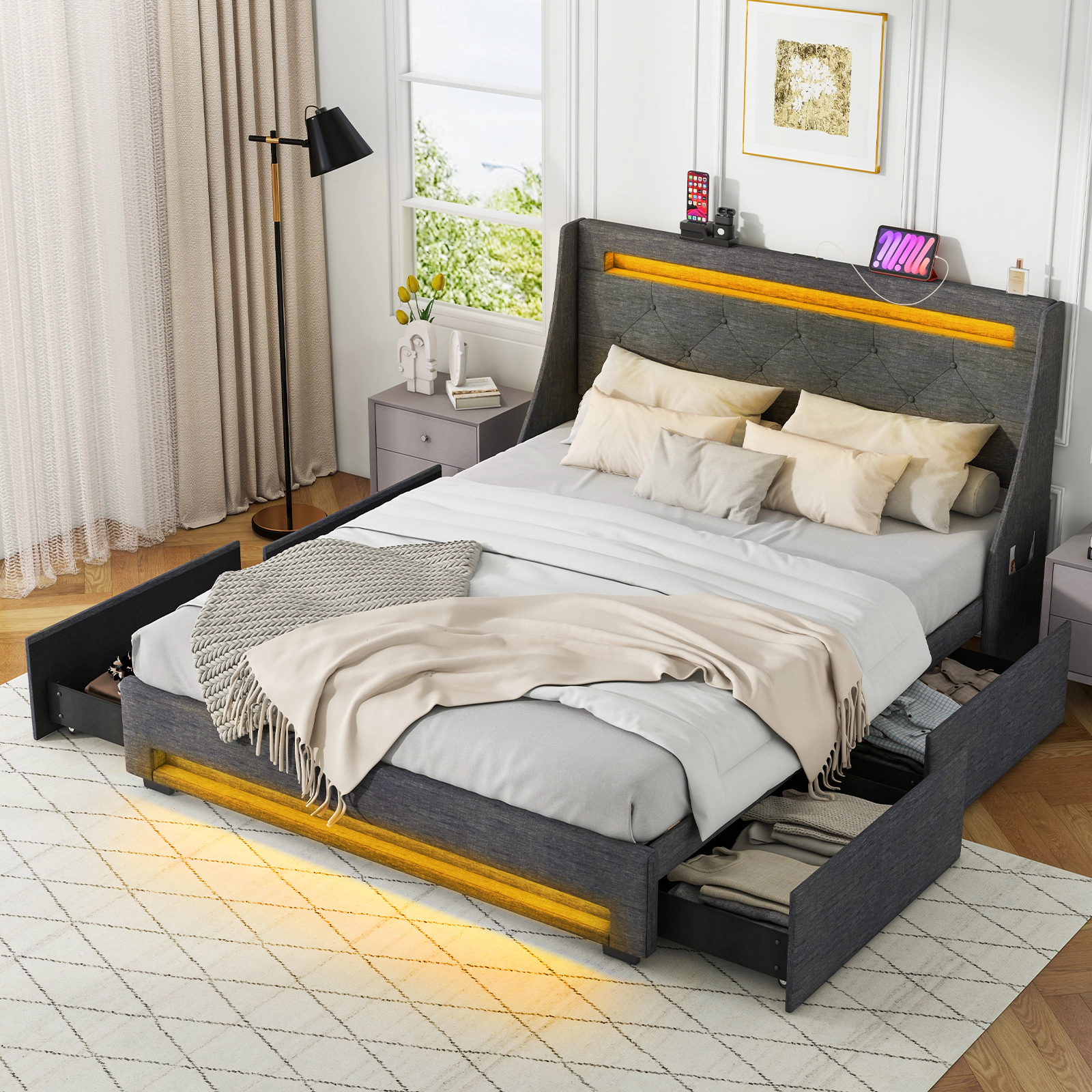 SUGIFT Full Upholstered Platform Bed with LED Lights, Tufted Wingback Headboard, Charging Station and 4 Drawers