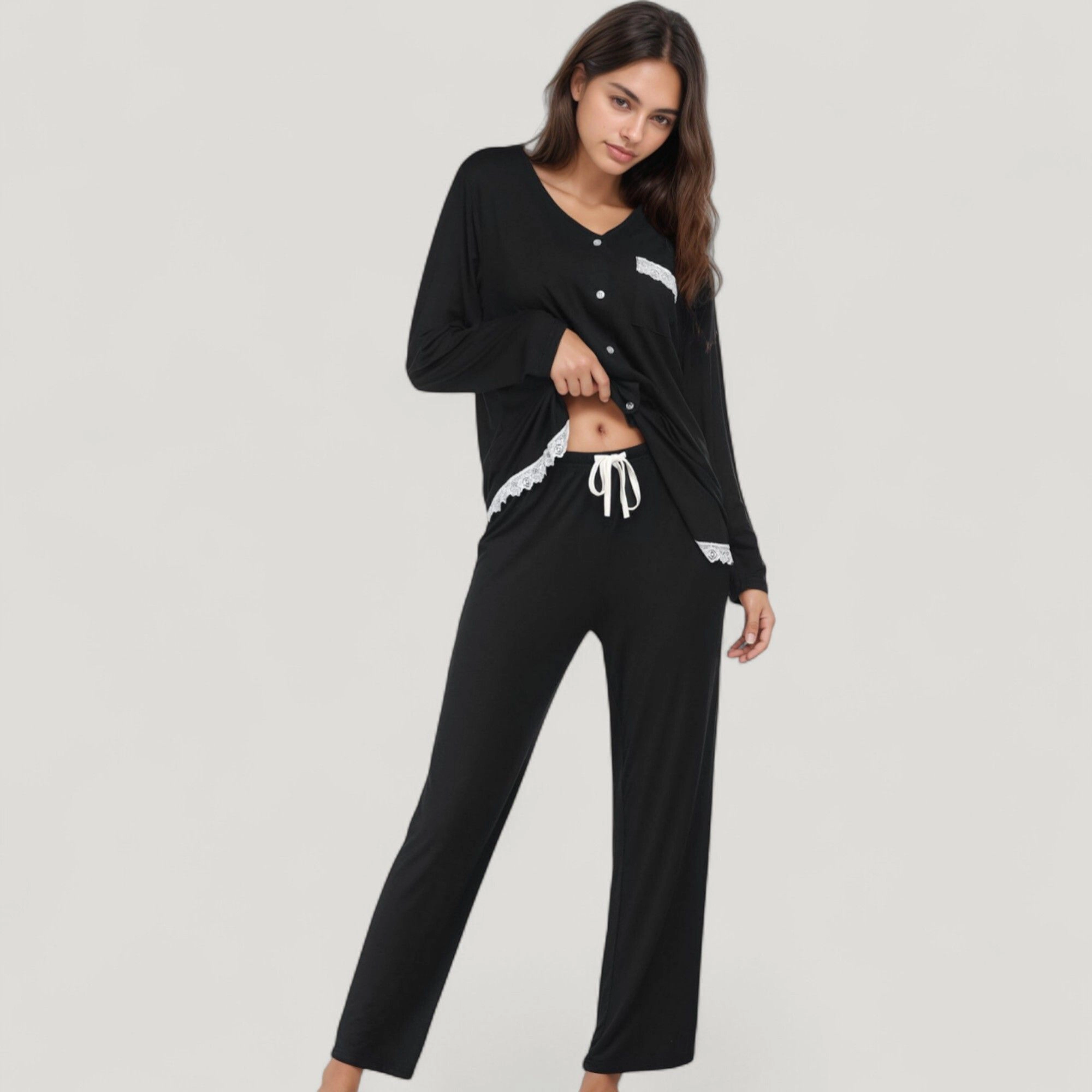 Anna-Kaci Women's Lace Trim Button Down Long Sleeve Top and Lounge Pants 2-Piece Pajama Set