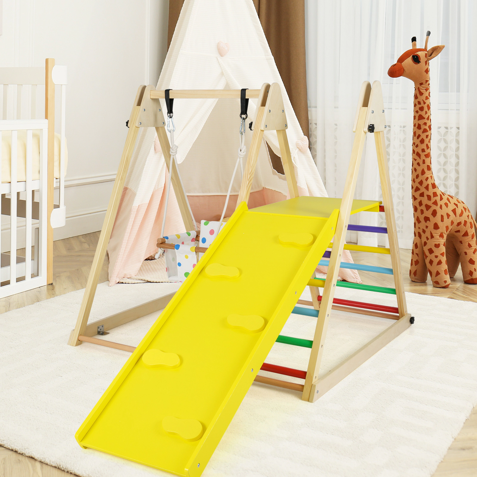 LJG 4-in-1 Indoor Jungle Gym with Baby Swing and Climbing Ramp