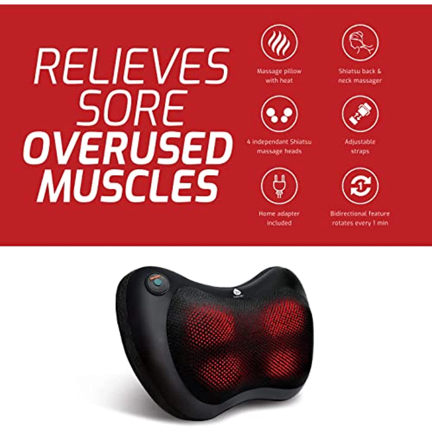 Pursonic Unisex Heated Shiatsu Neck & Back Massager with Deep-Kneading Massage Nodes