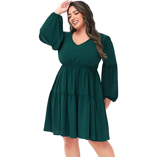 Anna-Kaci Women's Plus Size Tunic V Neck Long Sleeve Smocked Casual Loose Shift Dresses