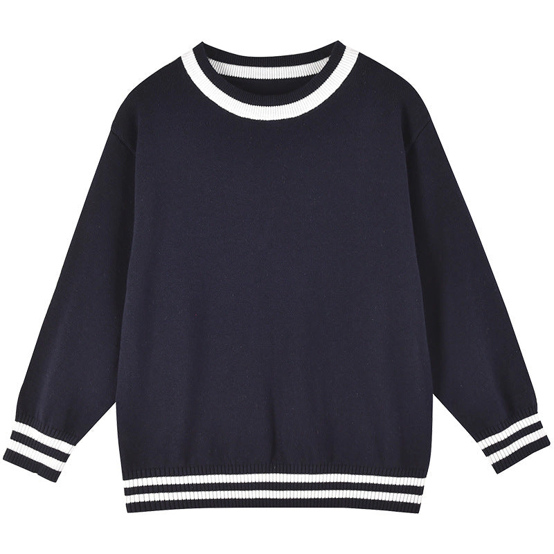 MyKids-USA Baby Solid Color Striped Hem Design O-Neck Knit Sweater