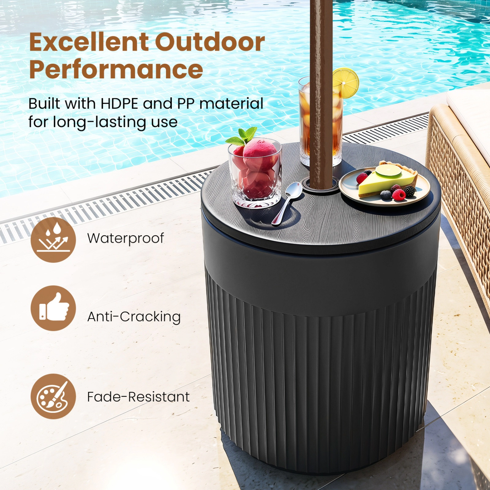 SUGIFT Black Water Bag Side Table and 2-in Pole Hole 3-in-1 Outdoor HDPE Umbrella Base