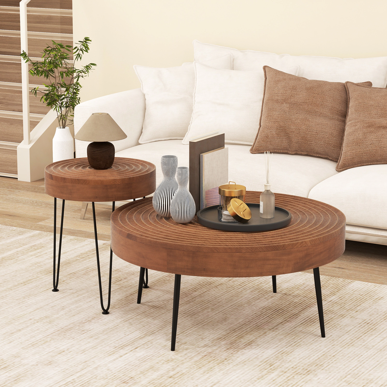 Hivvago Set of 2 Solid Wood Ring Pattern Farmhouse Round Coffee Tables