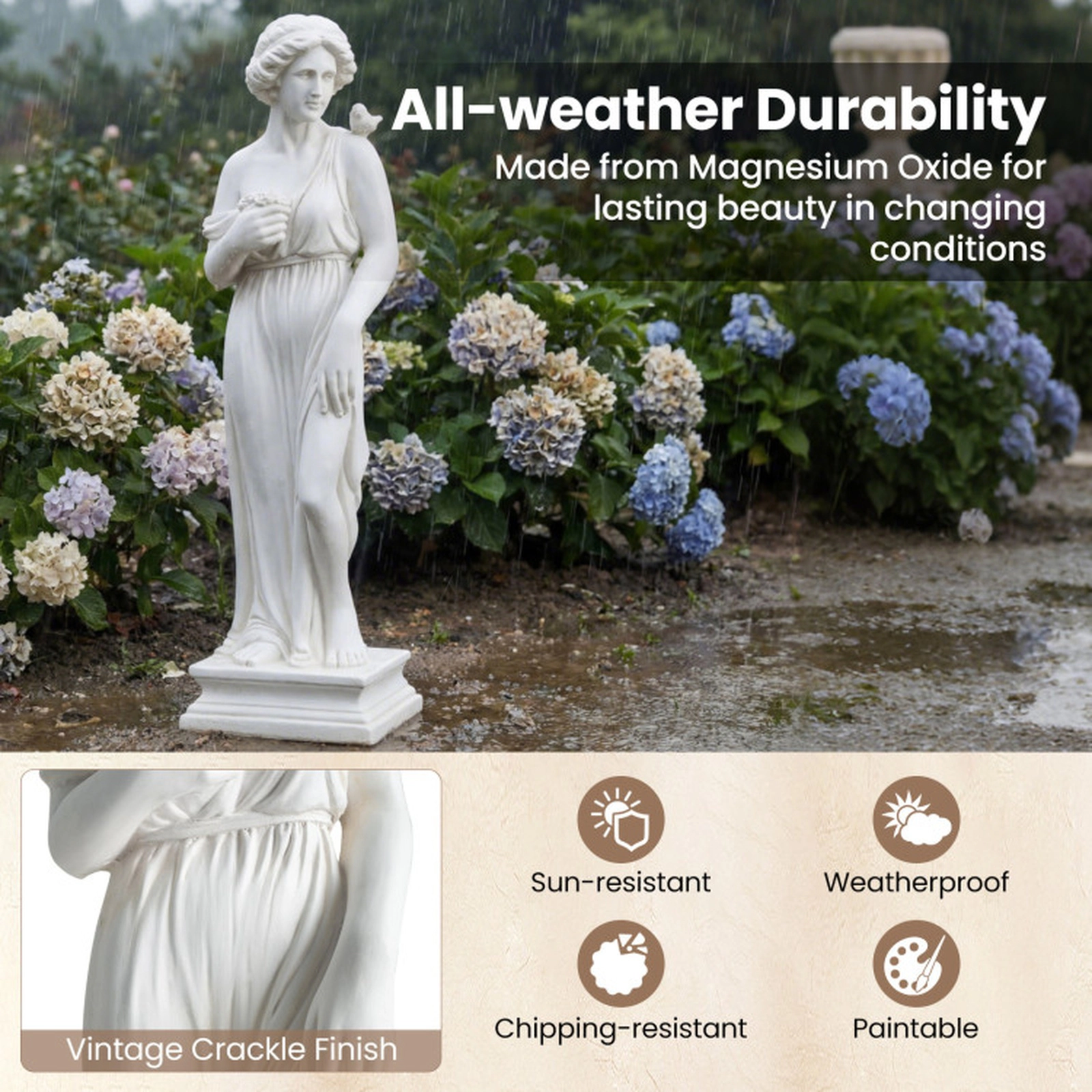 SUGIFT 31.5-in Tall White Antique Finish Magnesium Oxide Outdoor Greek Goddess Statue with Column Base
