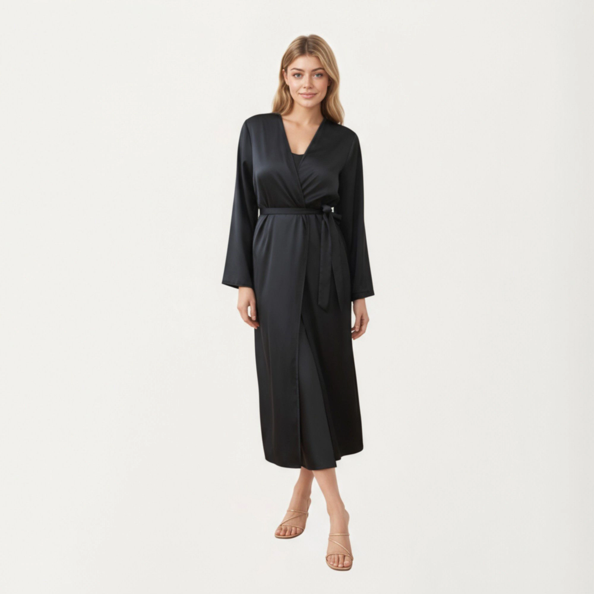 Anna-Kaci Women's 2-Piece Satin V-Neck Slip Dress with Flowing Long Robe