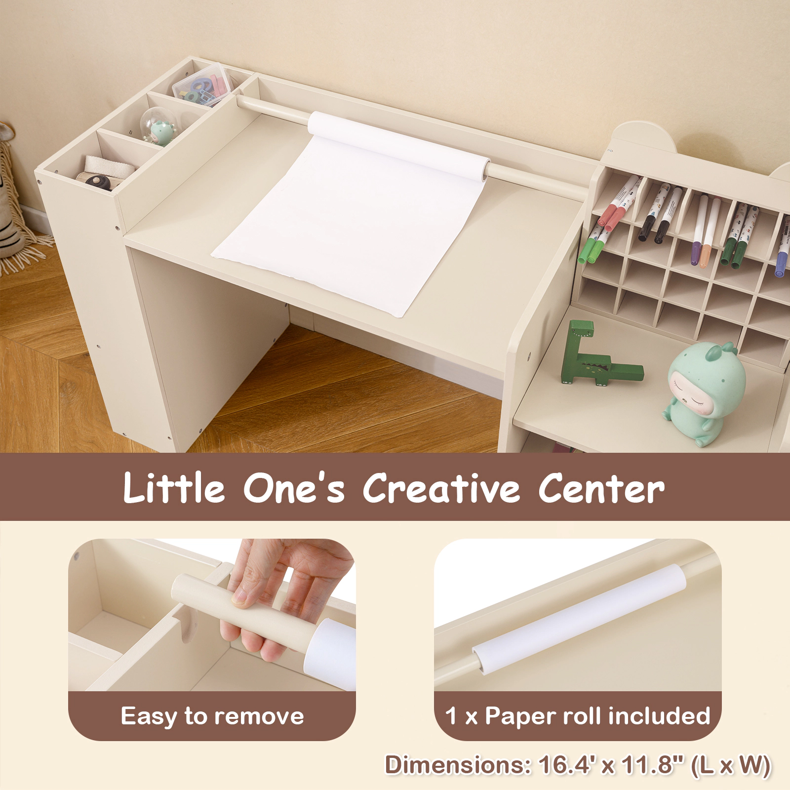 SUGIFT Kids Art Desk and Chair Set, Natural Craft Table with Paper Roll Holder and Removable Storage