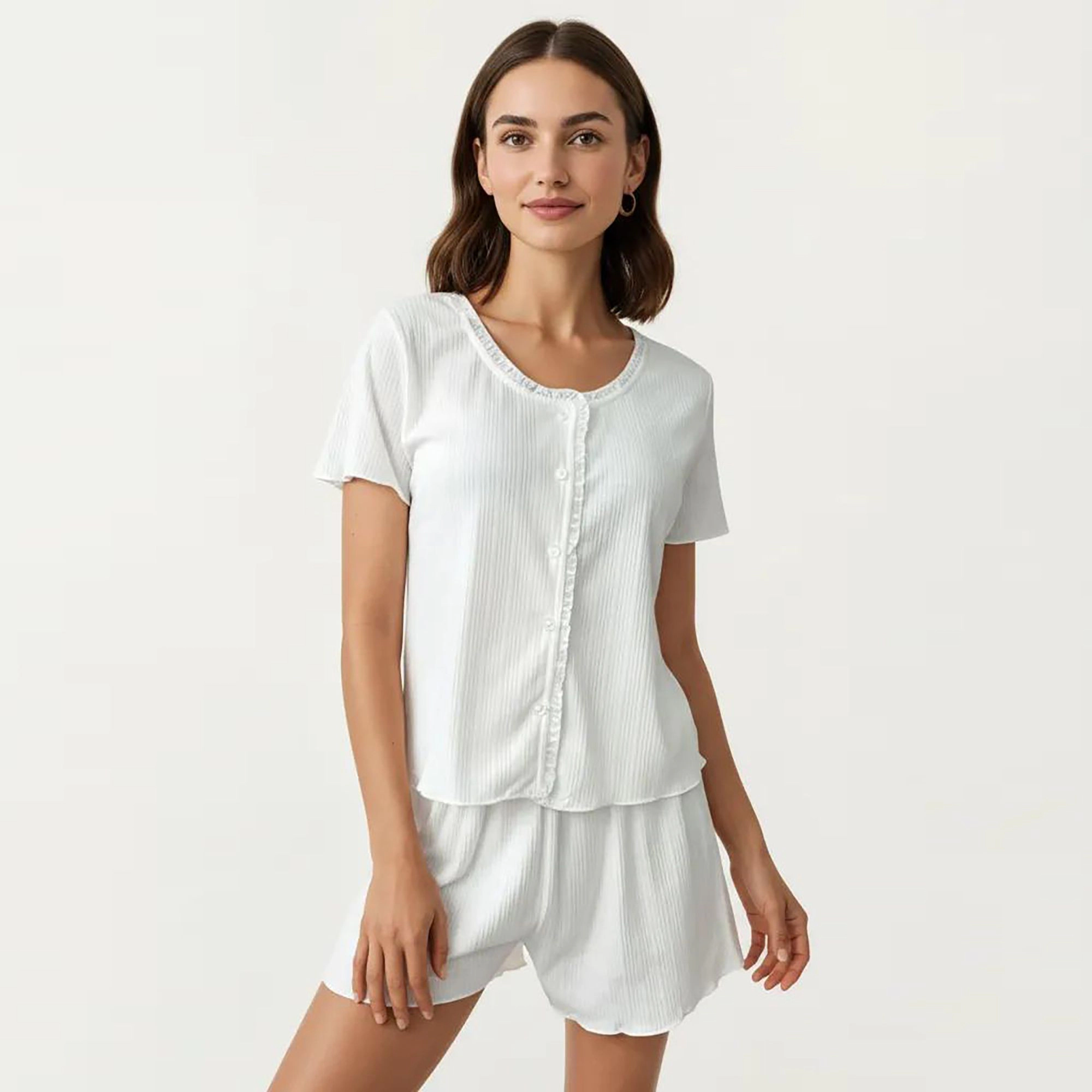 Anna-Kaci Women's 2-Piece Button Front Pajama Top with Round Neck and Relaxed Fit Shorts Textured Sleepwear Set