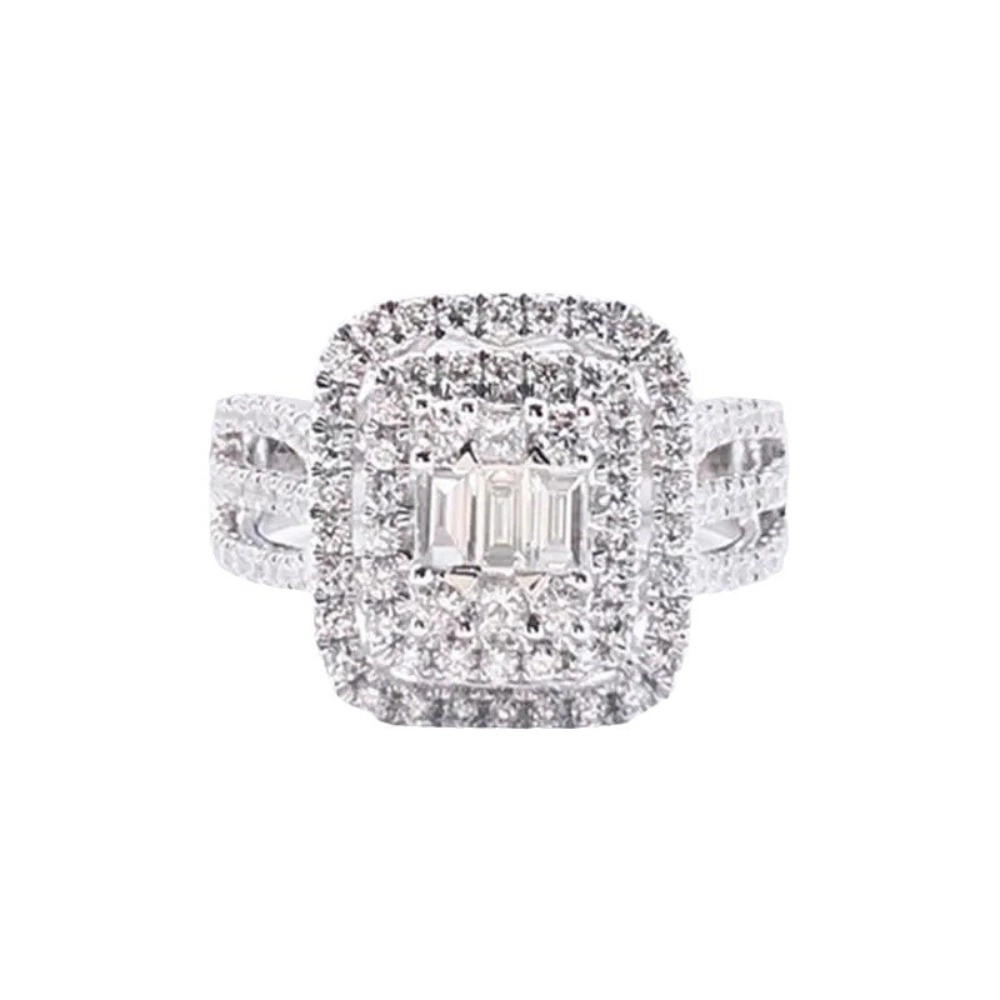 Wardrobe Whimsy Emerald Cut Cubic Zirconia Double Halo Split Shank Engagement Ring for Women