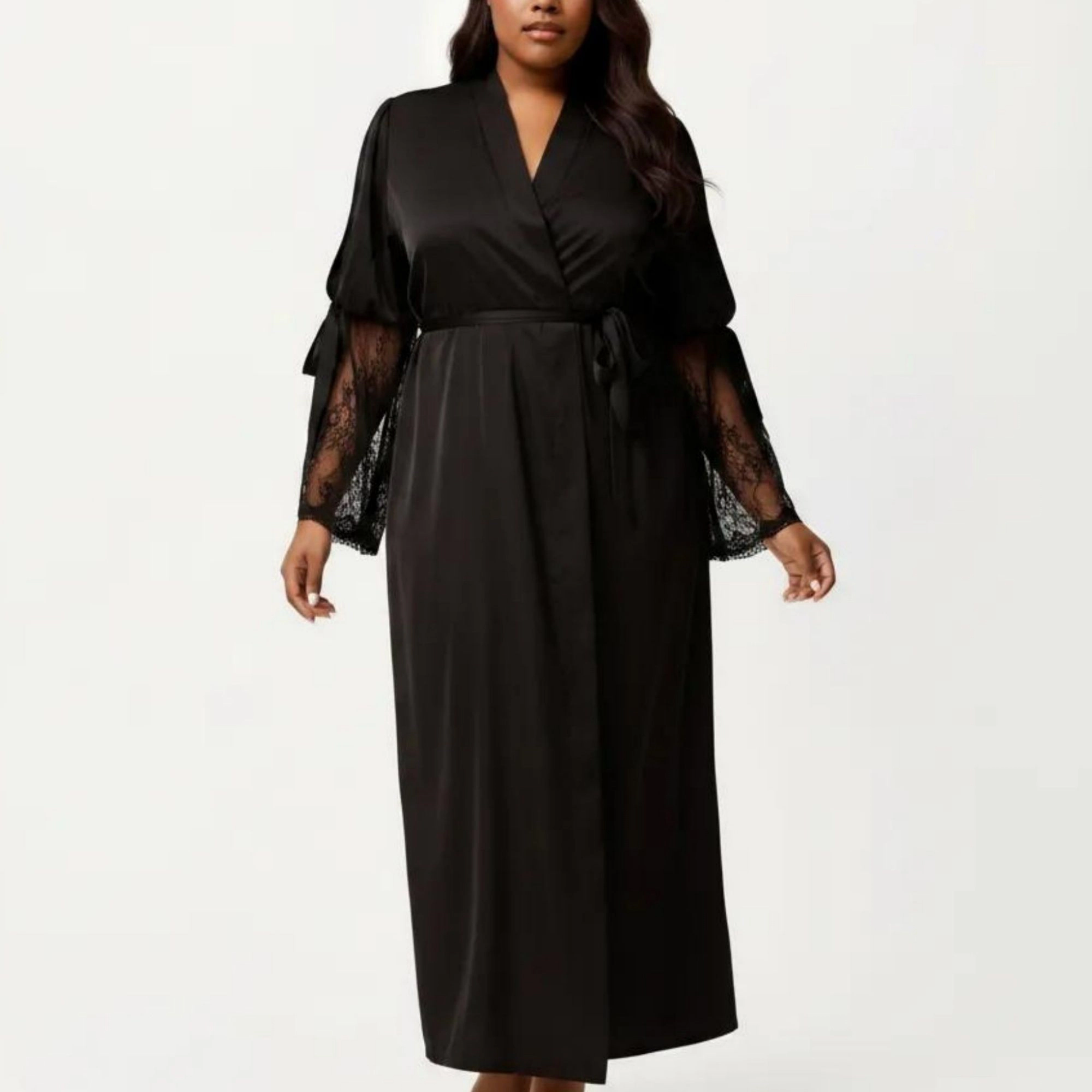 Anna-Kaci Women's Plus Long Satin Robe Lace Sleeve Wrap Nightgown Belted Kimono Sleepwear