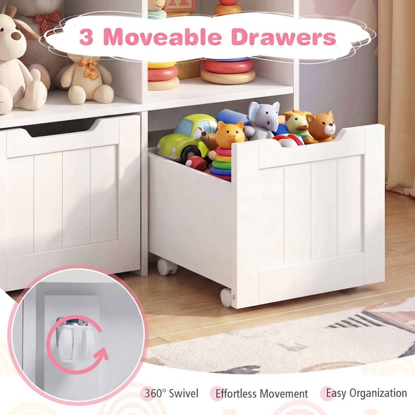 SUGIFT 5-Cubby 66-lb Top 35.5-in Kids Toy Storage Organizer and Bookshelf with 3 Movable Drawers on Wheels
