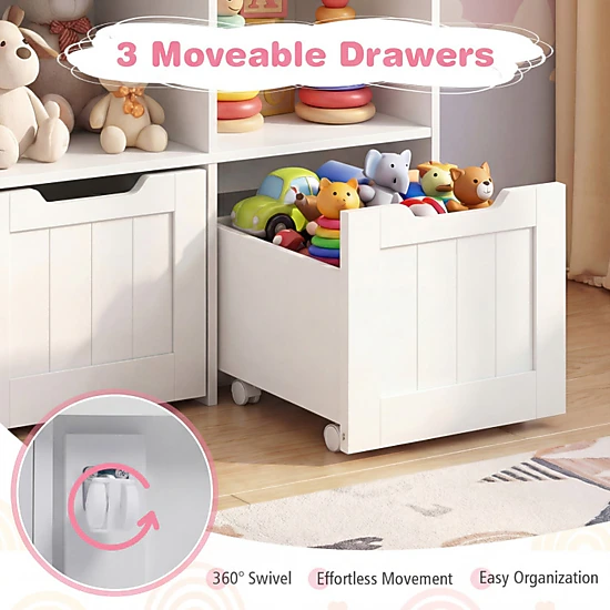 SUGIFT 5-Cubby 66-lb Top 35.5-in Kids Toy Storage Organizer and Bookshelf with 3 Movable Drawers on Wheels