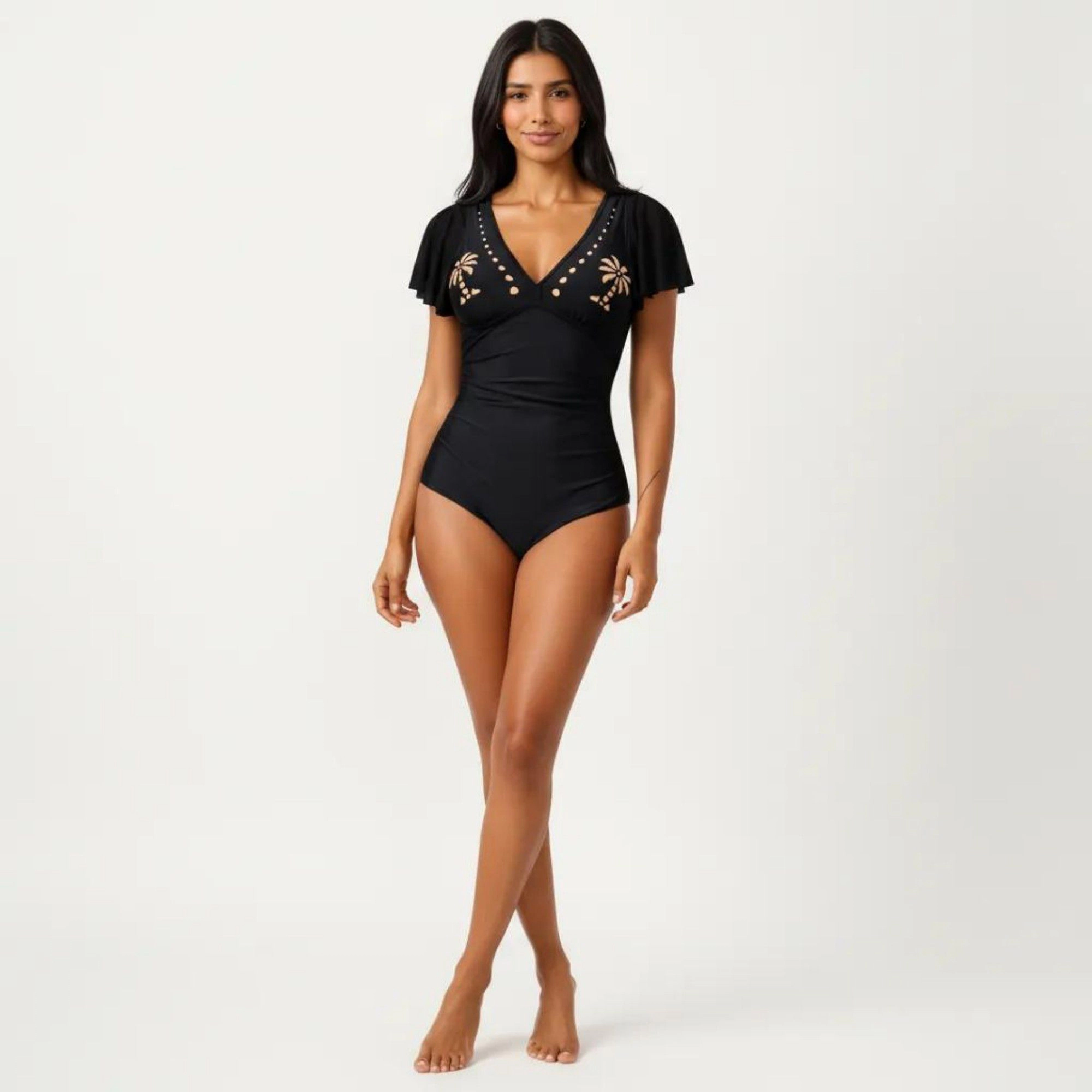 Anna-Kaci Women One Piece Swimsuit - Flutter Sleeves V-Neck with Bust Detail and Shaping Silhouette