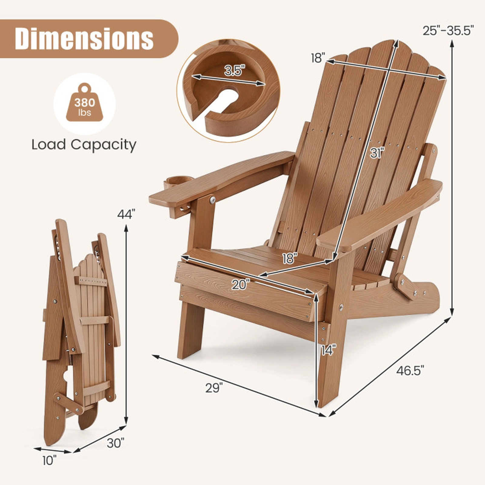 SUGIFT Coffee Cup Holder and 5-Level Backrest Outdoor Folding Adirondack Chair