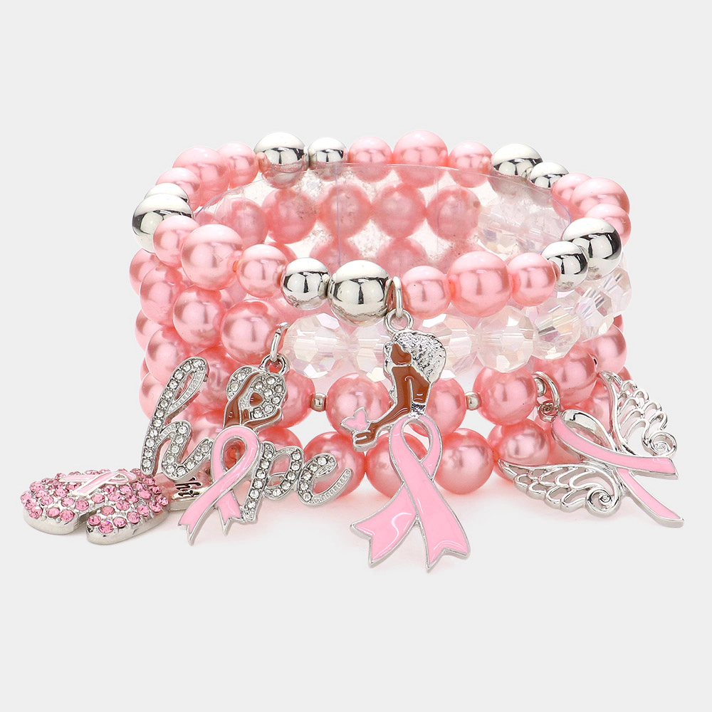 FASHNZFAB 4PCS - Pink Ribbon Pointed Glove Afro Girl Angel Pearl Stretch Bracelets