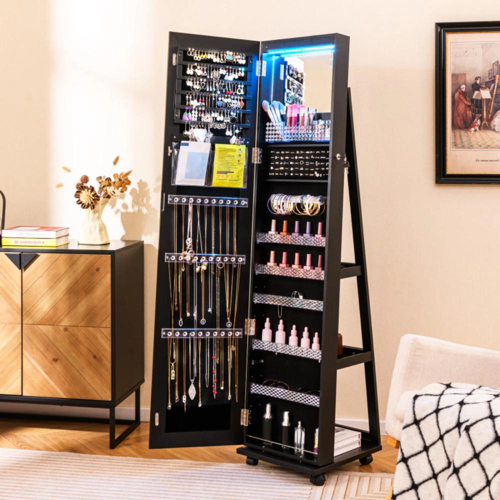 Hivvago 64 Inches Lockable Jewelry Cabinet Armoire with Built-in Makeup Mirror