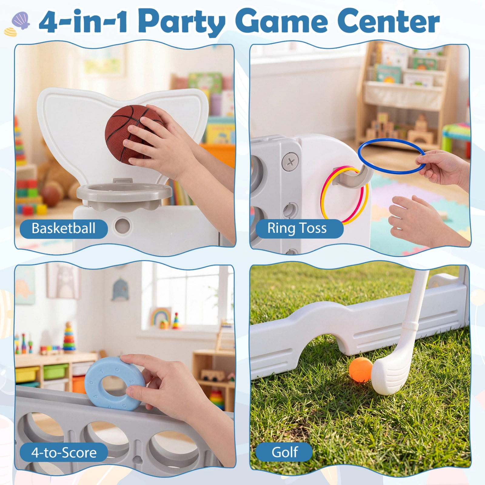 SUGIFT Giant 4-to-Score Combo Game Set Connect Four Ring Toss Golf Basketball 37.5-in Height Blue/Gray/Navy/Pink