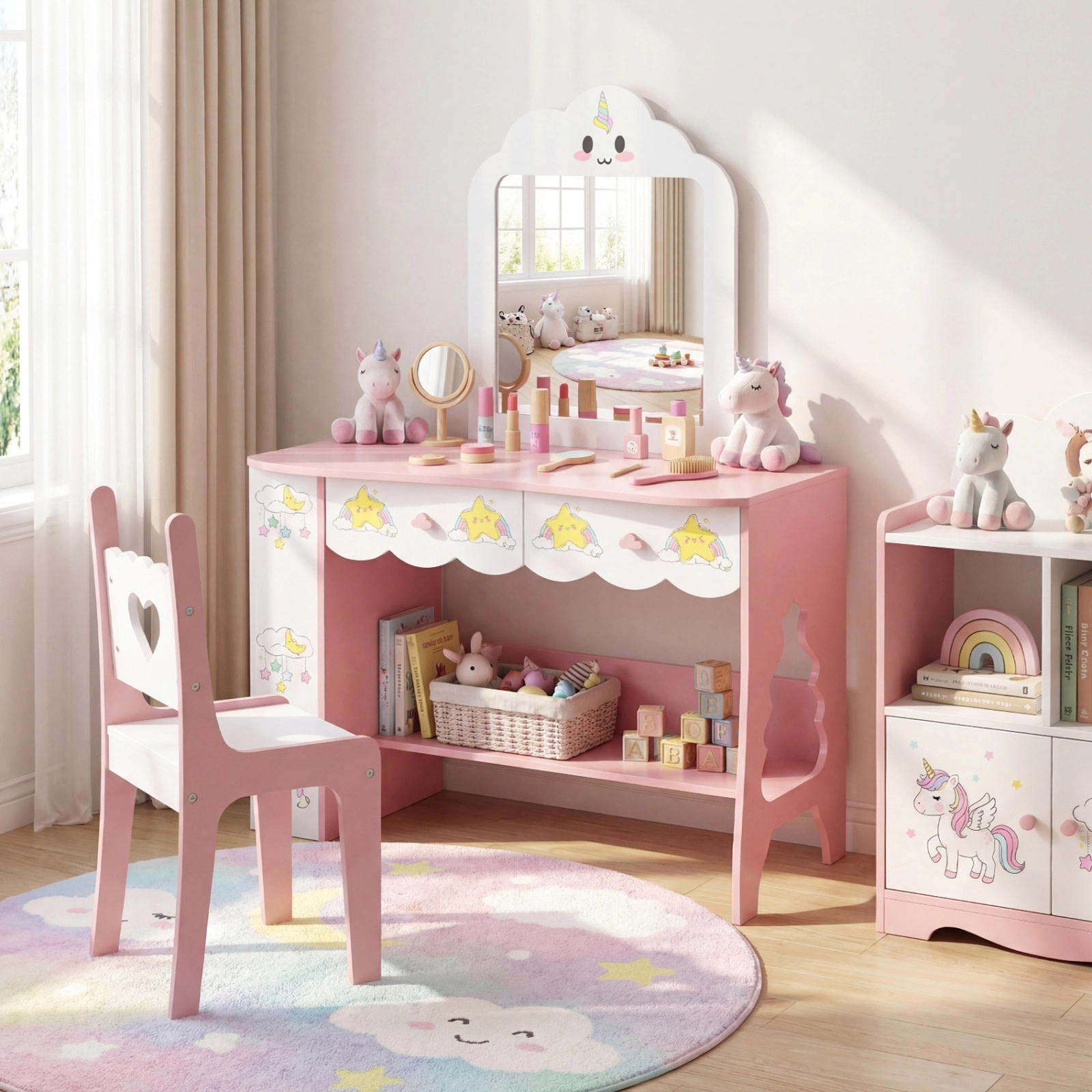 SUGIFT Kids Vanity Table and Chair Set, Mirror, 2 Drawers and Side Shelves