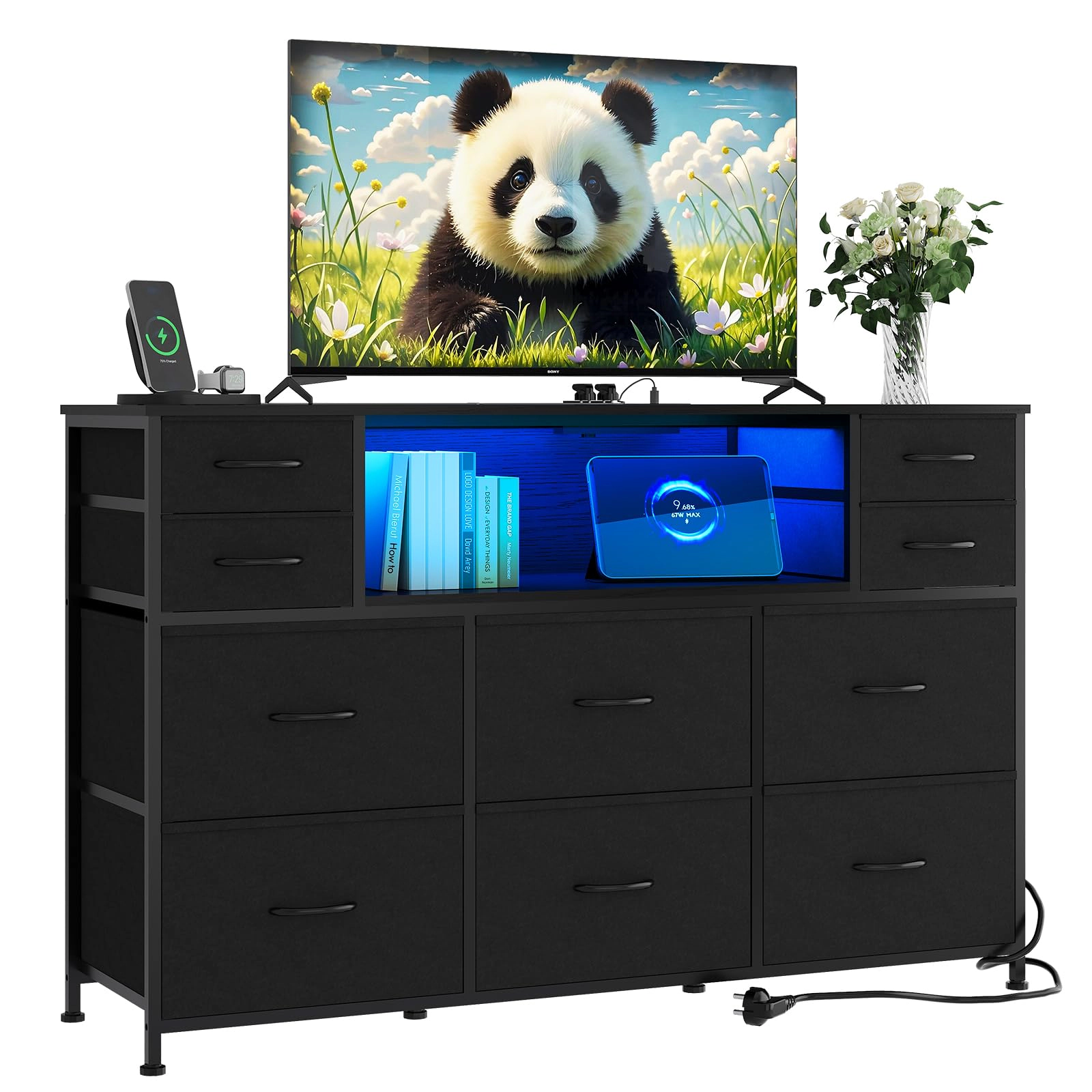 10 Drawer Fabric Dresser, TV Stand with RGB LED Lights & Power Outlet for 45"-55"