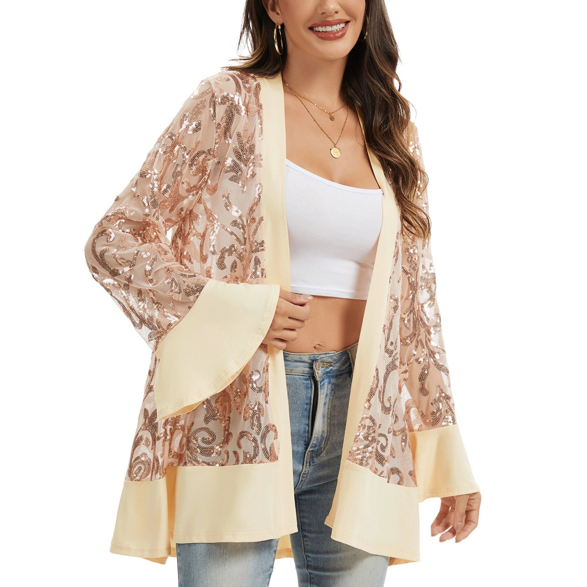 Anna-Kaci Women's Sequin Mesh Cardigan with Sheer Embellished Sleeves and Flowing Open Front Design for Layering Style