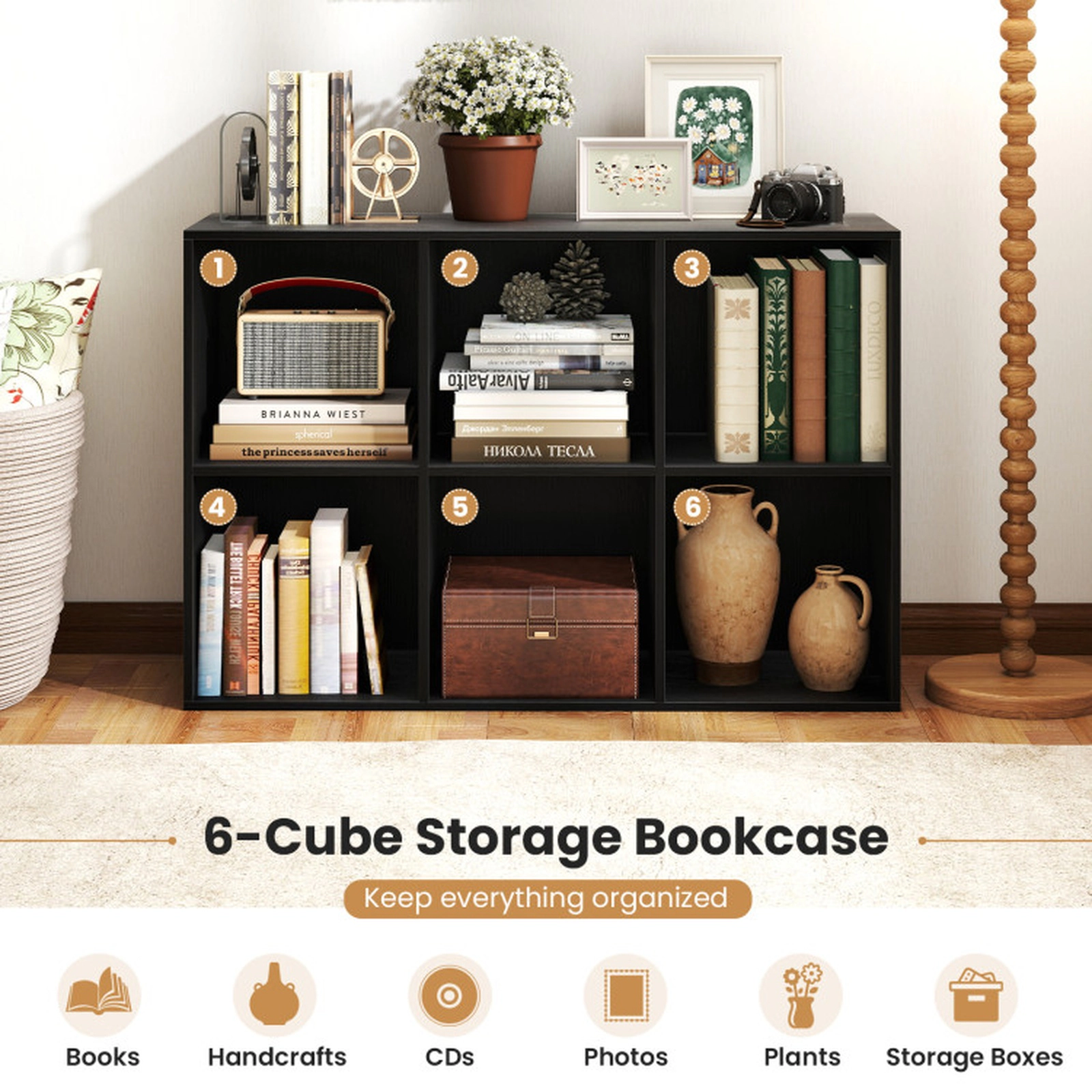 SUGIFT 6-Cube Black 36-in Cube Storage Organizer Bookshelf for Vertical or Horizontal Use with 132-lb Top