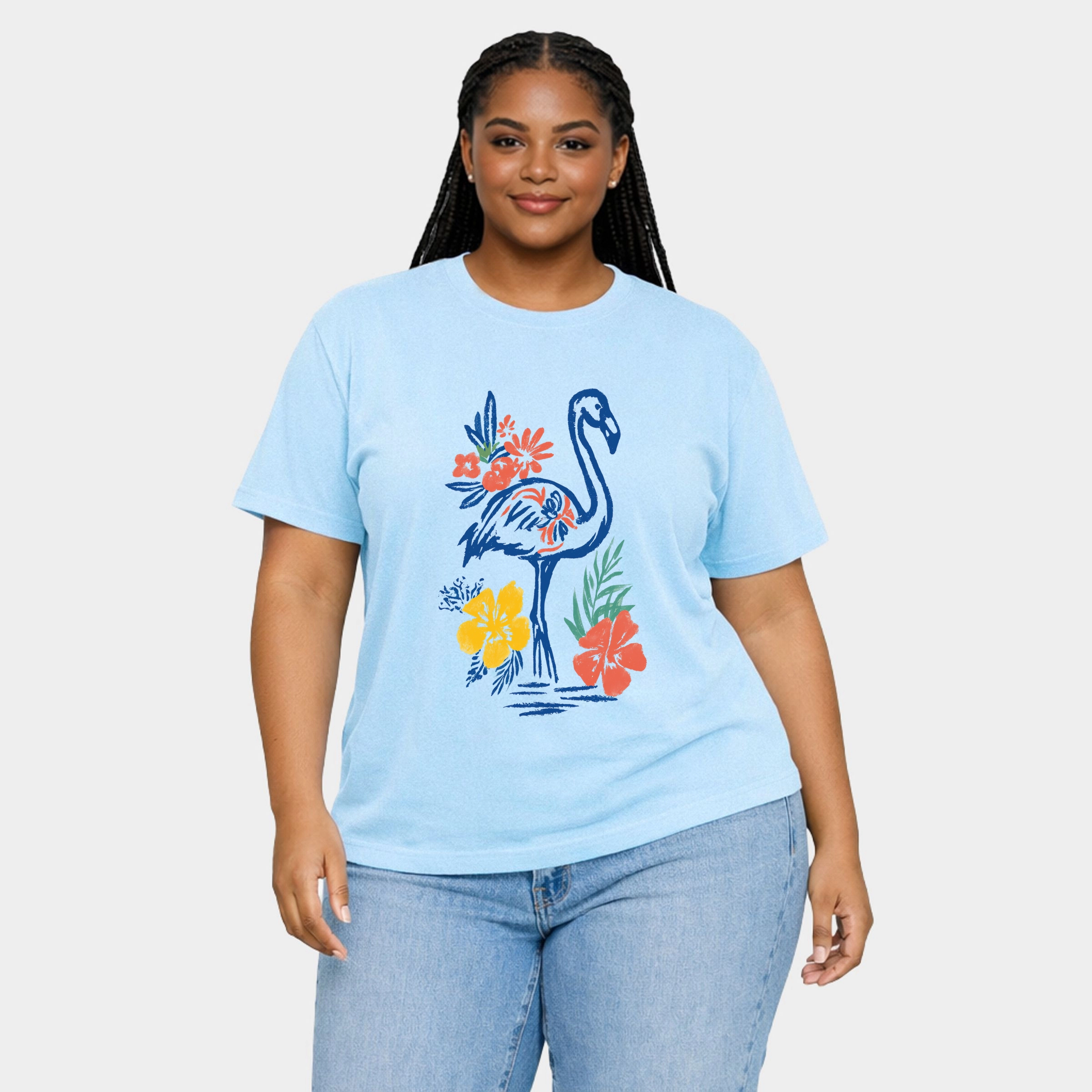 Simply Sage Market - Flamingo Flowers Outline Women's Plus Sized Garment Dyed Graphic T-Shirt
