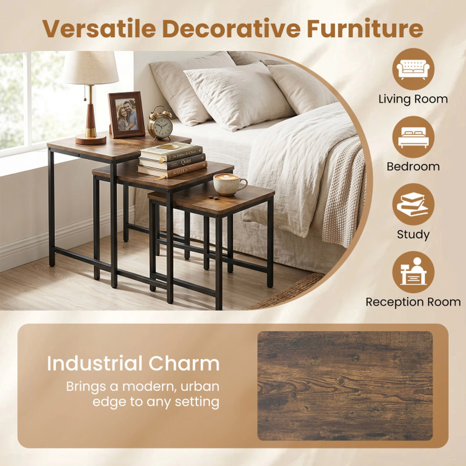 SUGIFT Space-Saving Faux Marble Nesting Tables with Metal Frame Set of 3 90-Lb Capacity Rustic Brown & Black