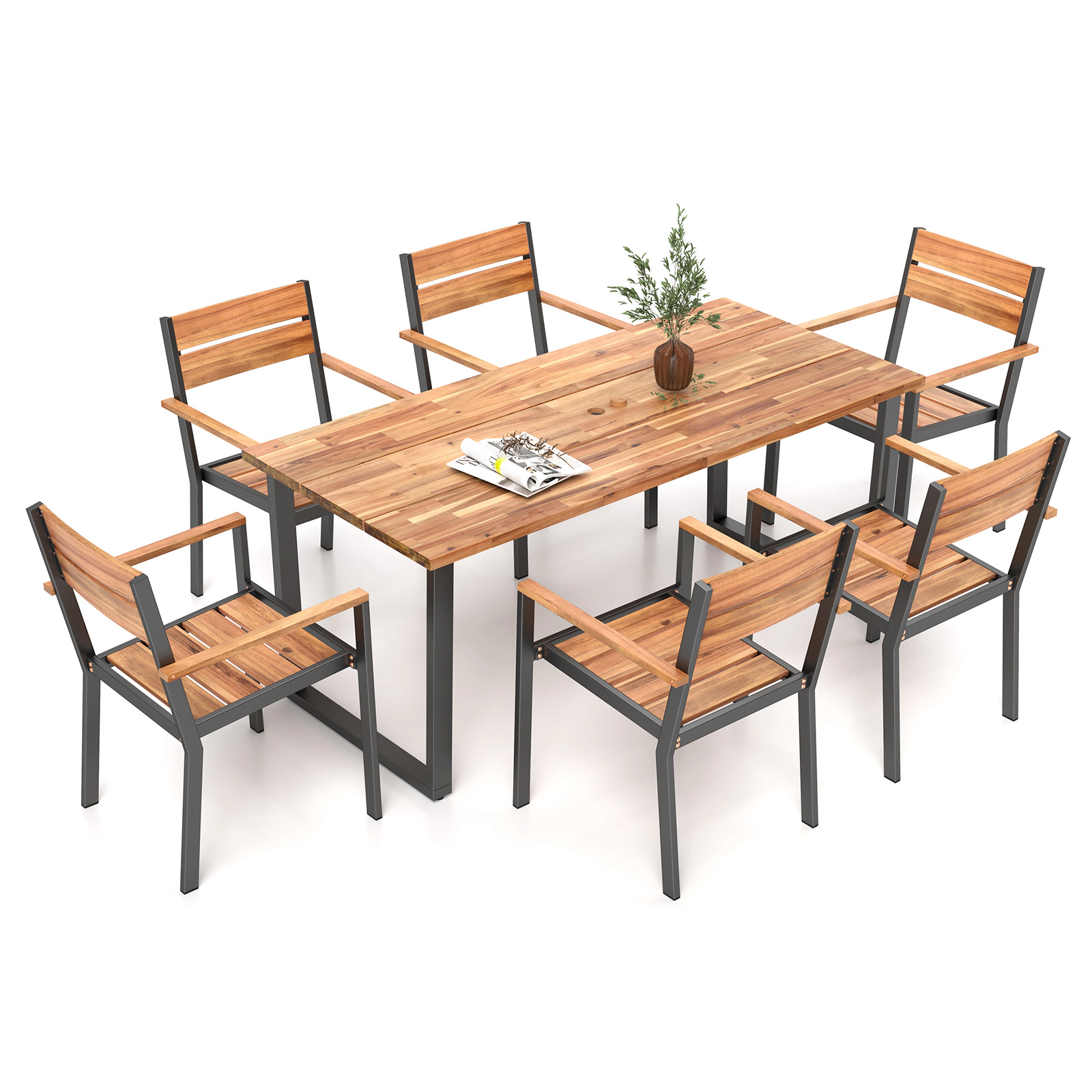 LJG 7 Pieces Acacia Wood Patio Dining Set with Metal Frame and 2 Inches Umbrella Hole