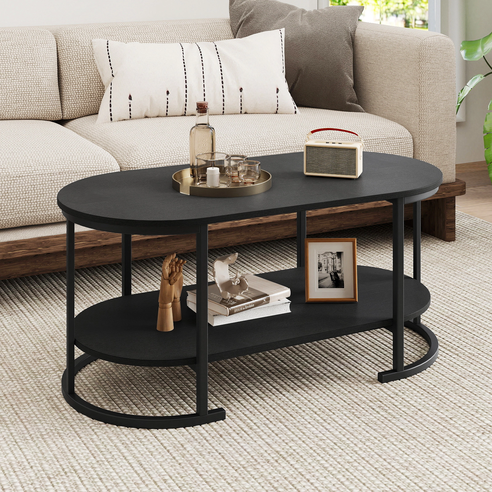 SUGIFT 2-Tier Oval Open Storage Curved Metal Frame Coffee Table 39.5-in x 19.5-in x 18-in 88-lb per Shelf Black