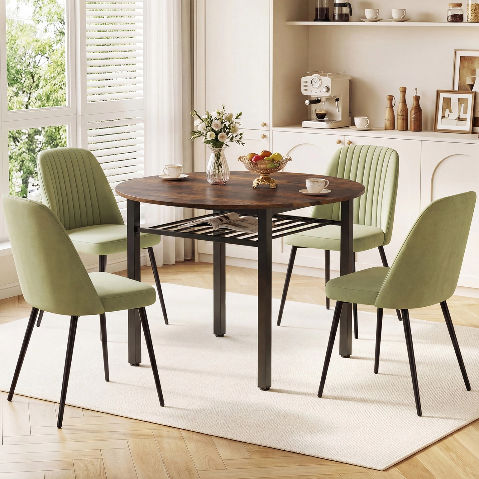 SUGIFT 40-Inch Round Farmhouse Dining Table for 4 with Under-Shelf Storage