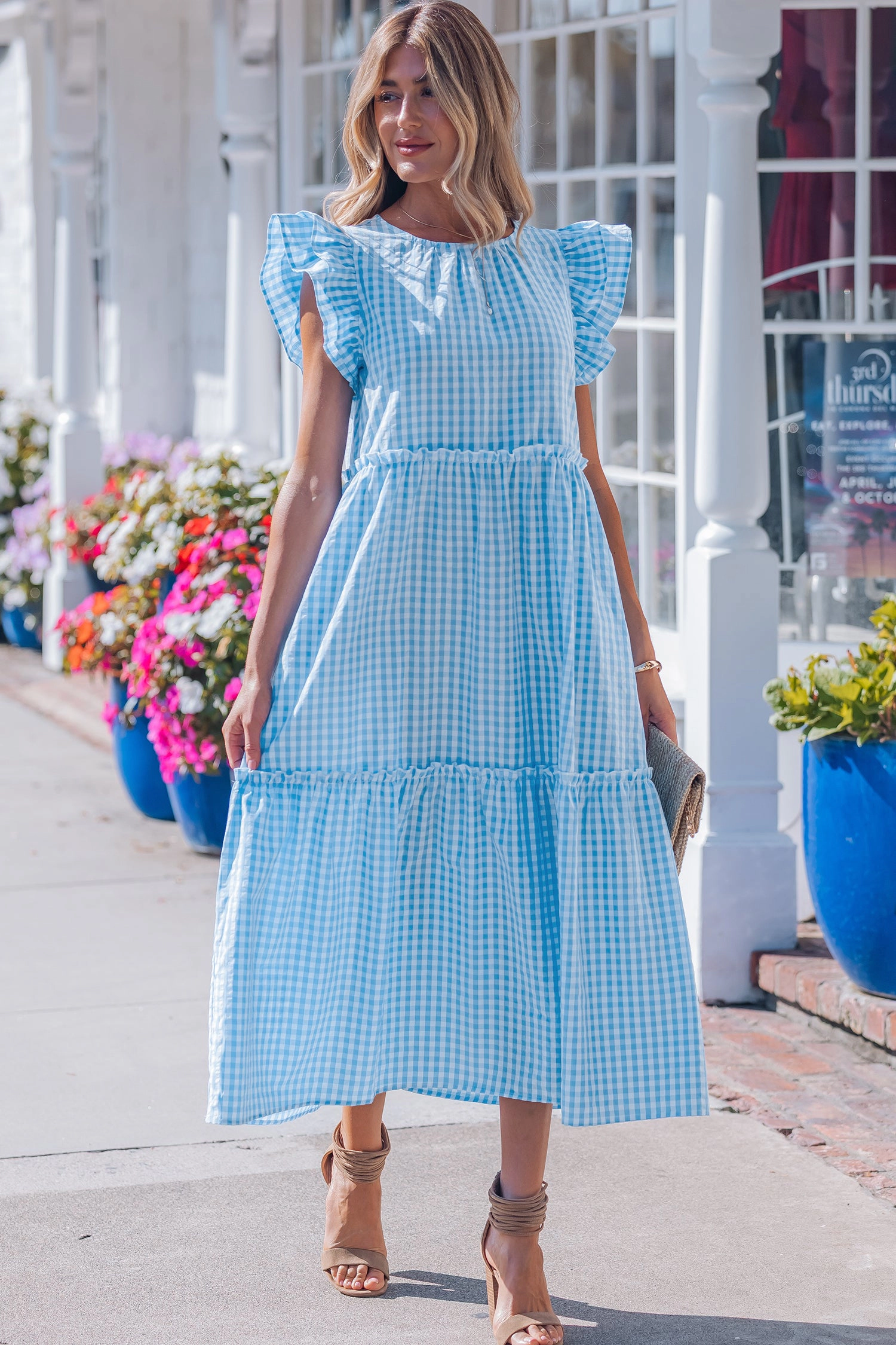 Threaded Pear Womens Deborah Sleeve Gingham Maxi Dress - Sky Blue