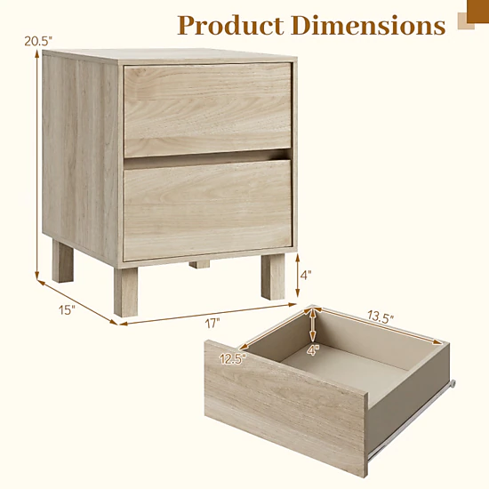 Hivvago Set Of 2 Modern Wooden End Table With 2 Storage Drawers