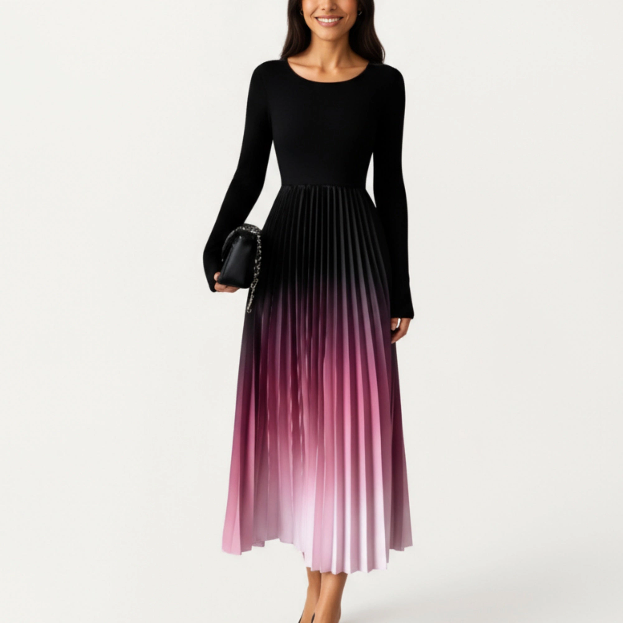 Anna-Kaci Womens Long Sleeve Pleated Ombre Maxi Dress