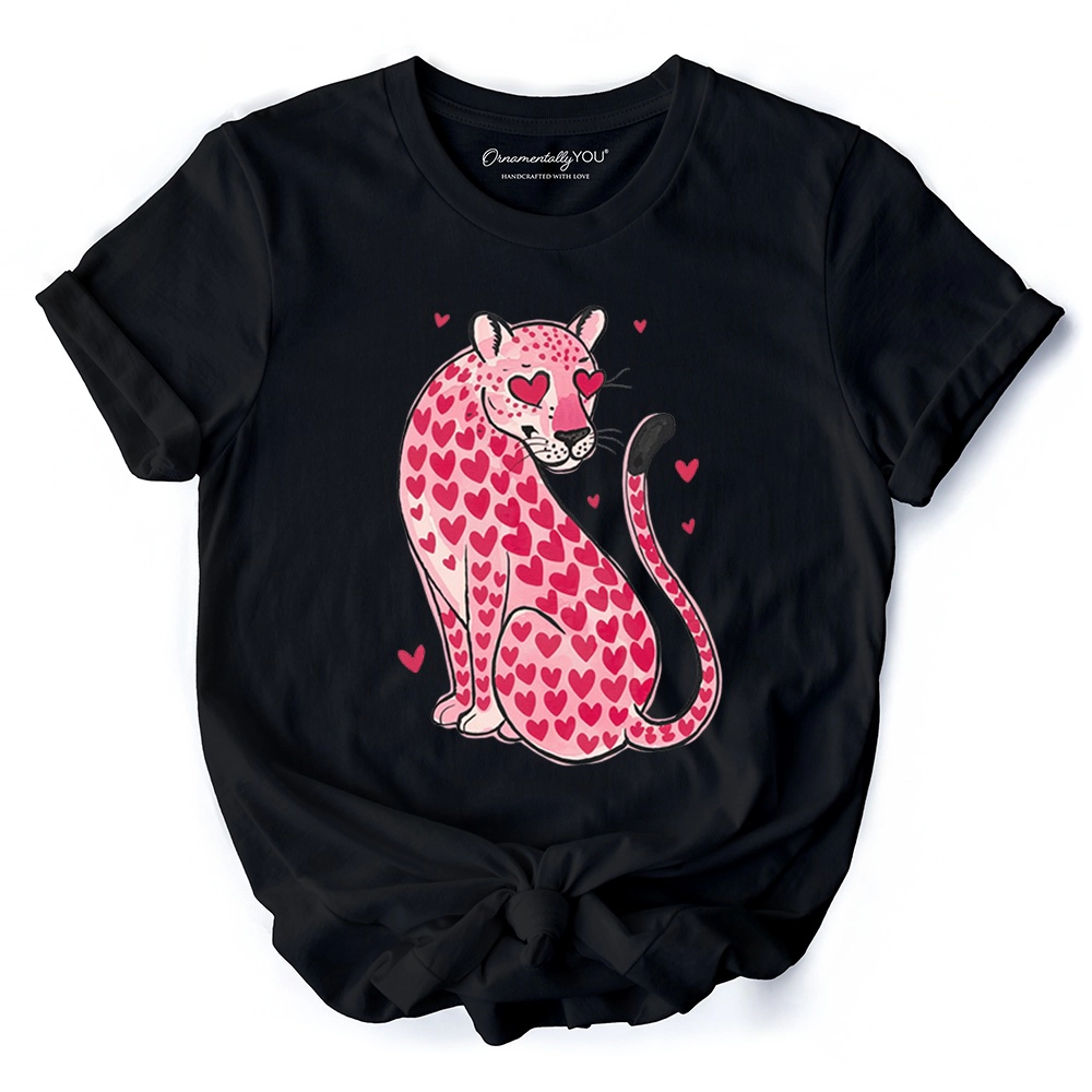 OrnamentallyYou Womens Pink Leopard Valentine Love Hearts T-Shirt